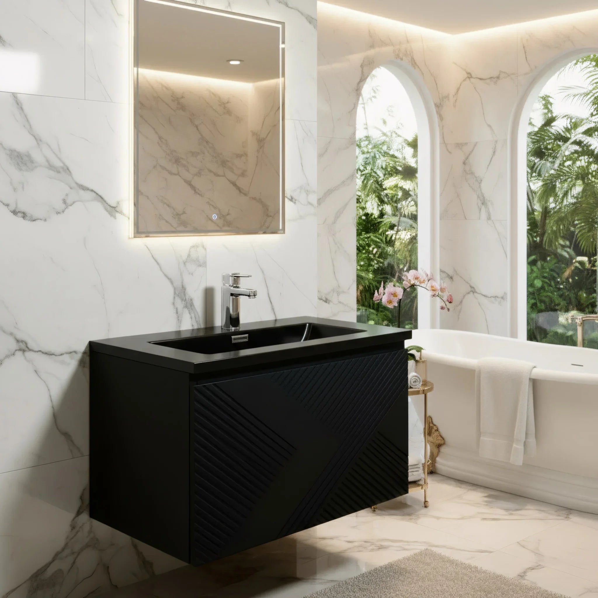 30" Black Wall Mount Bathroom Vanity with Black Engineered Quartz Countertop-Migration_Bathroom Vanities-DECOROLALA