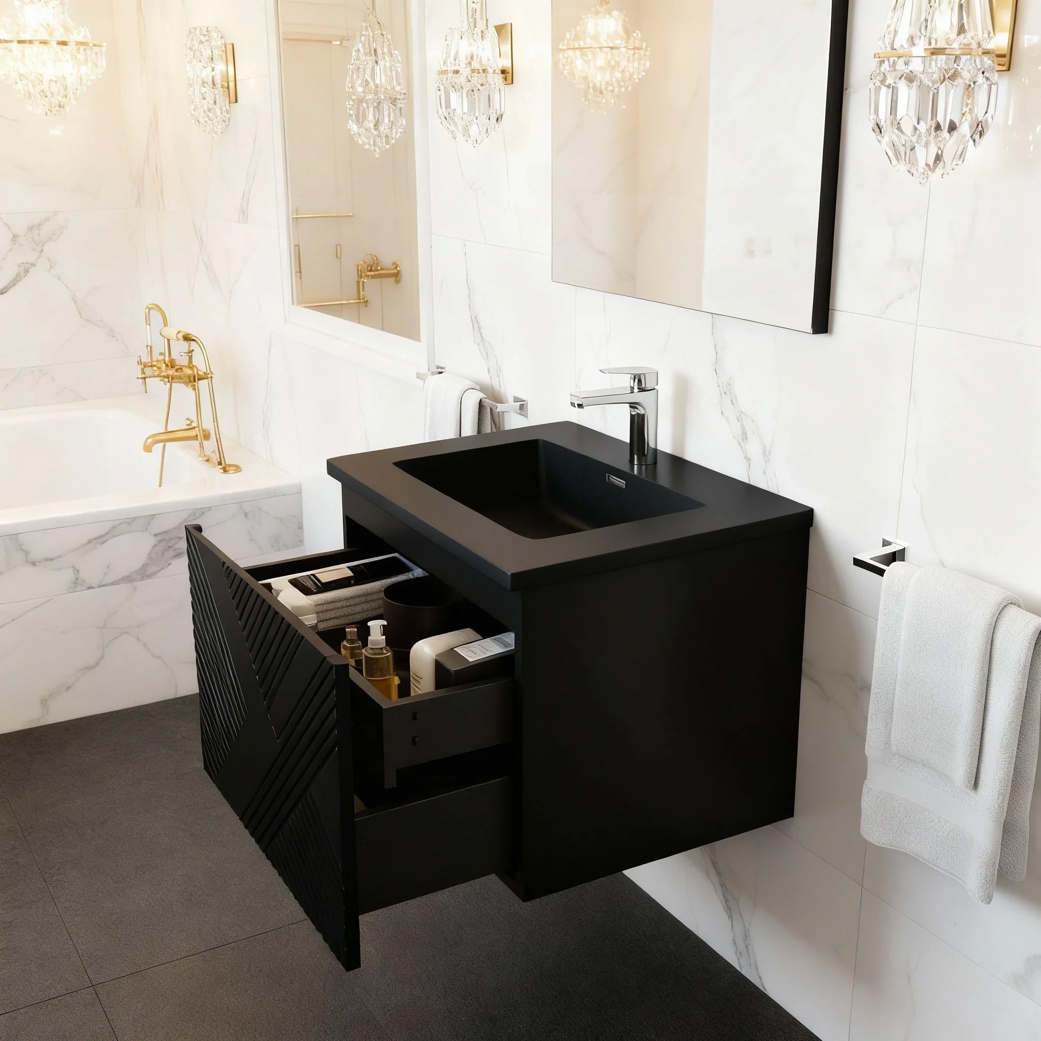 30" Black Wall Mount Bathroom Vanity with Black Engineered Quartz Countertop-Migration_Bathroom Vanities-DECOROLALA
