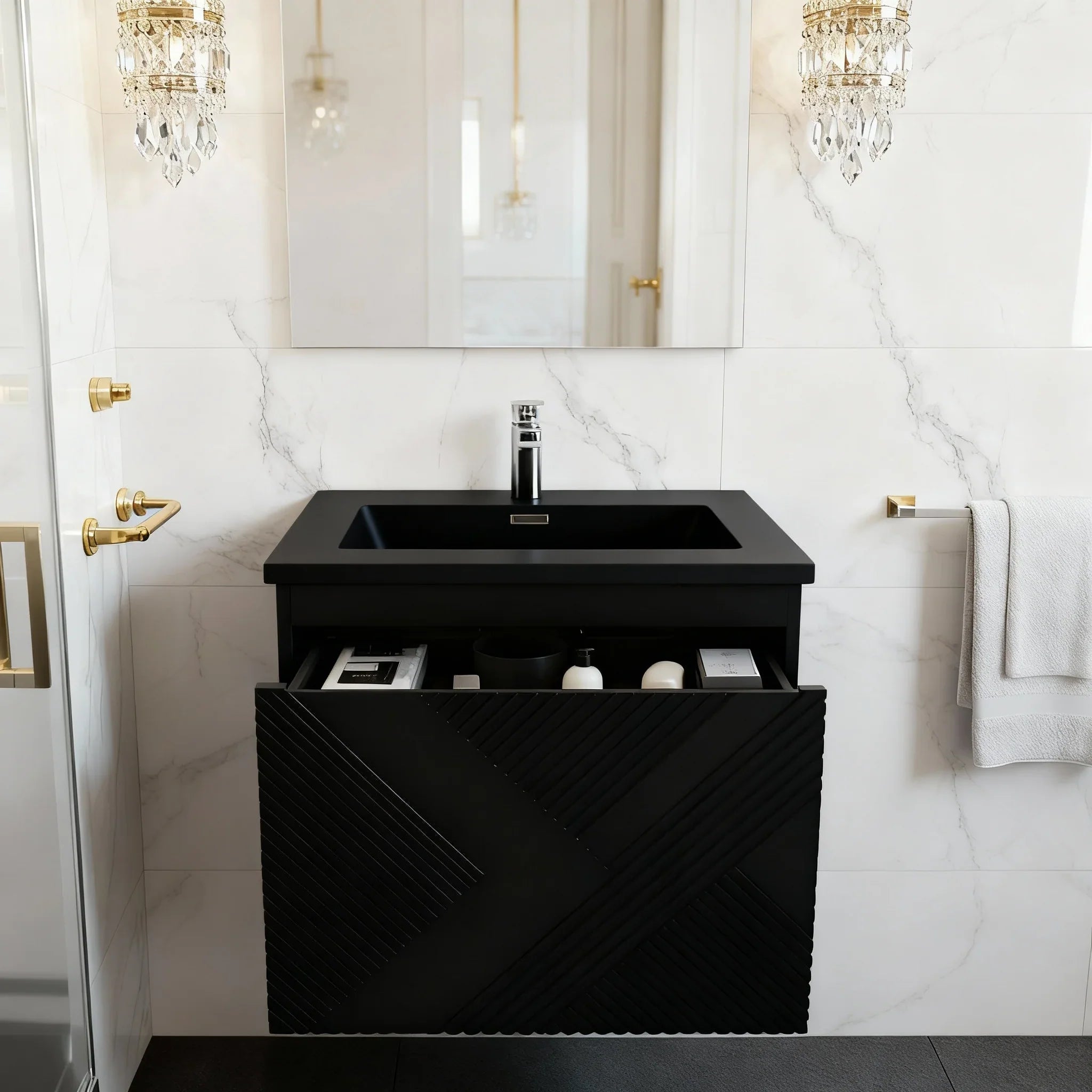 30" Black Wall Mount Bathroom Vanity with Black Engineered Quartz Countertop-Migration_Bathroom Vanities-DECOROLALA