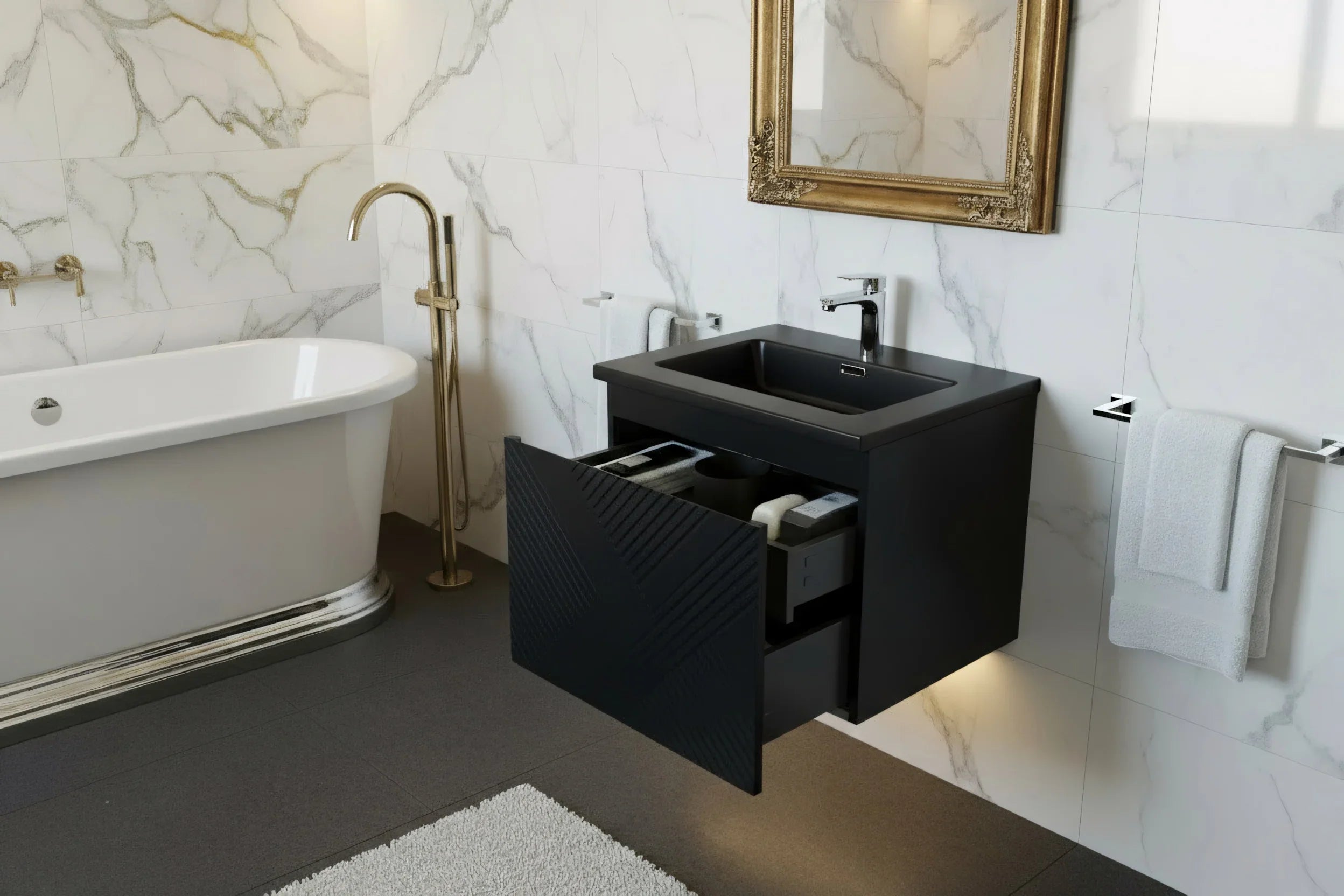 30" Black Wall Mount Bathroom Vanity with Black Engineered Quartz Countertop-Migration_Bathroom Vanities-DECOROLALA