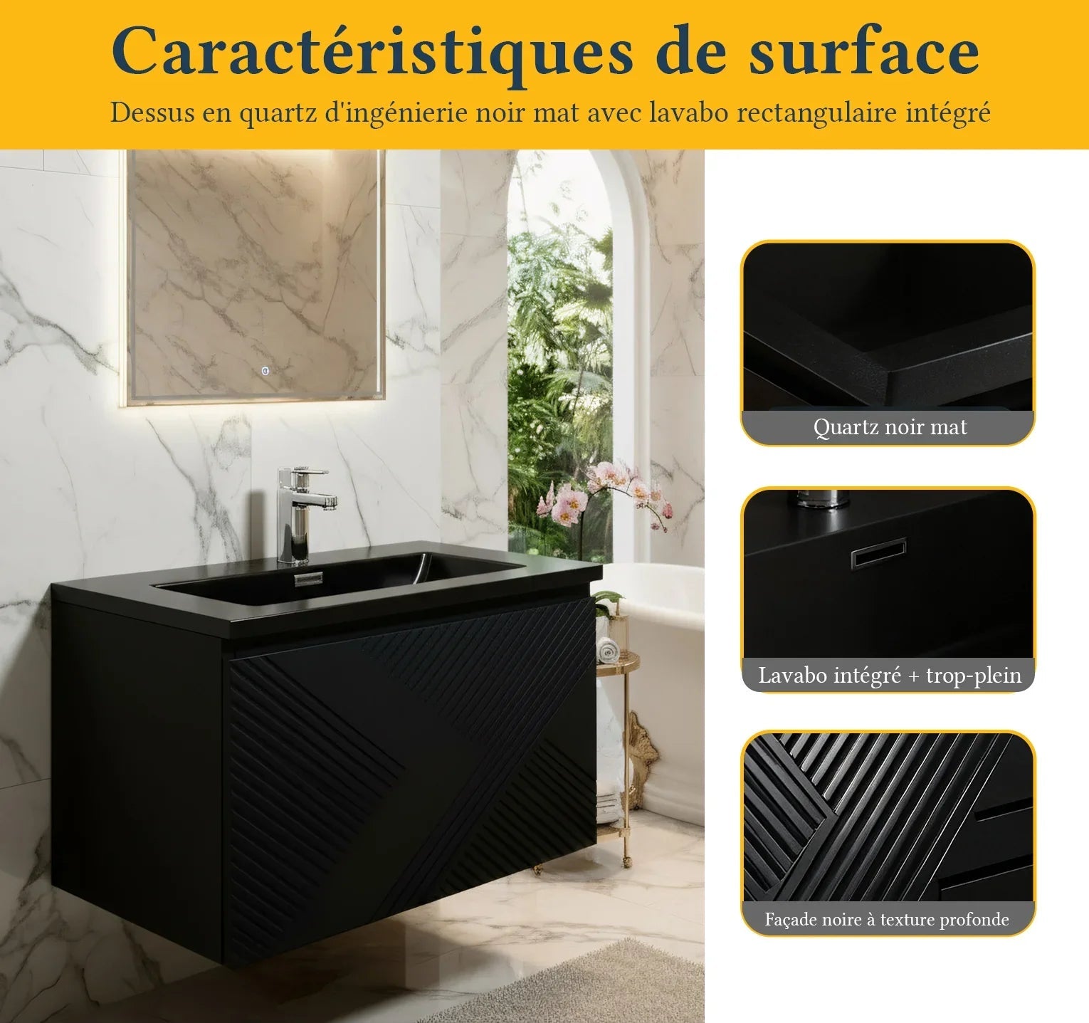 30" Black Wall Mount Bathroom Vanity with Black Engineered Quartz Countertop-Migration_Bathroom Vanities-DECOROLALA