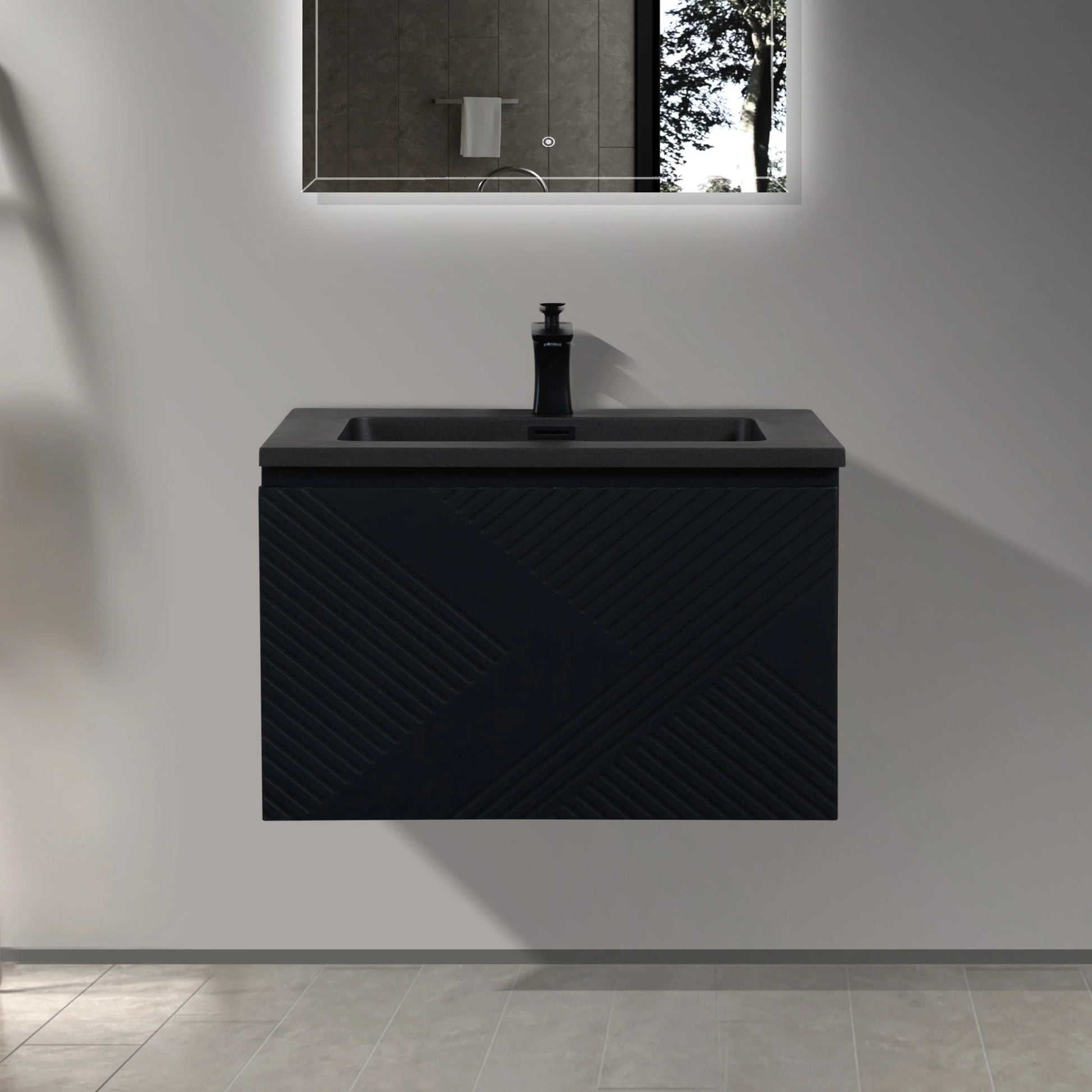 30" Black Wall Mount Bathroom Vanity with Black Engineered Quartz Countertop-Migration_Bathroom Vanities-DECOROLALA