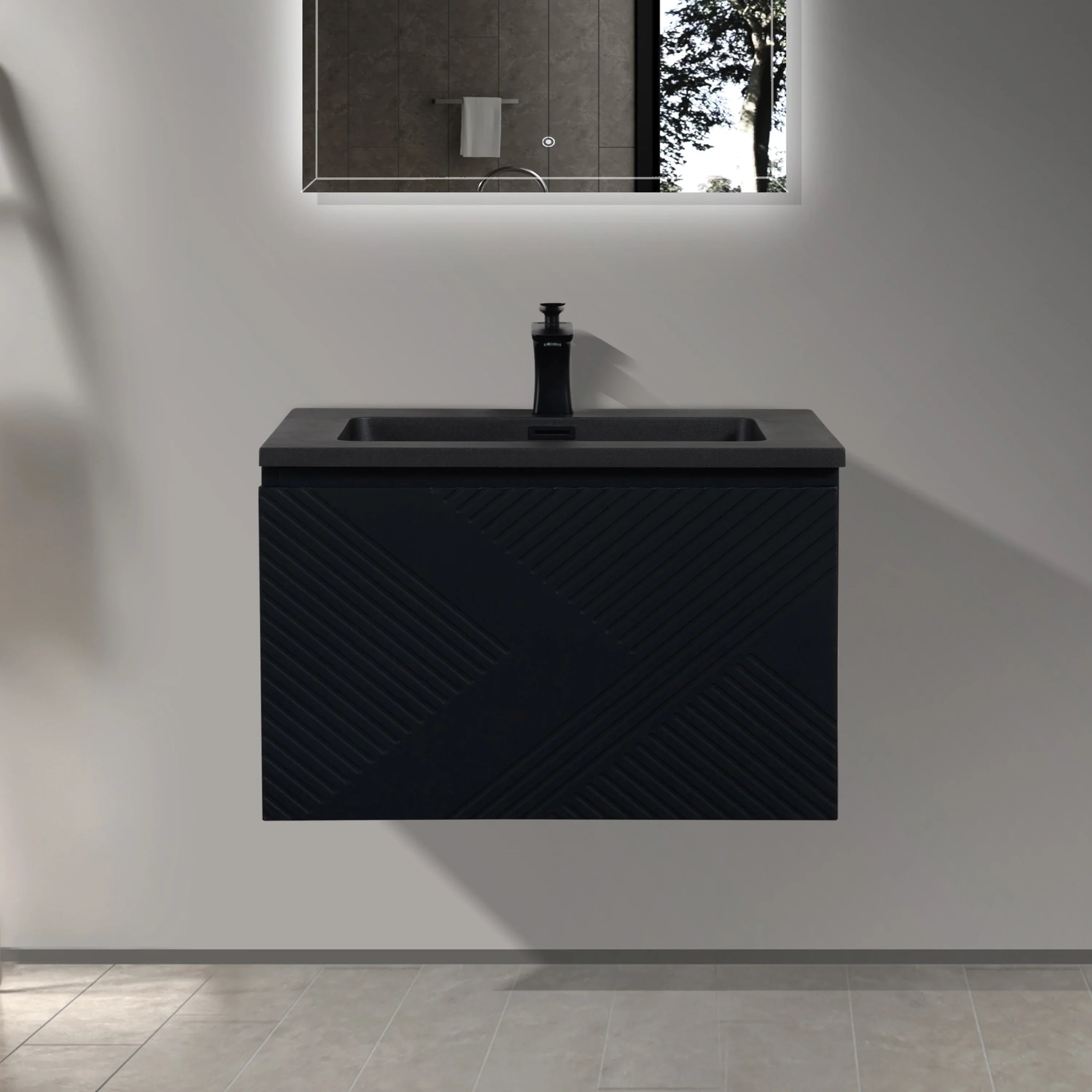 30" Black Wall Mount Bathroom Vanity with Black Engineered Quartz Countertop-Migration_Bathroom Vanities-DECOROLALA