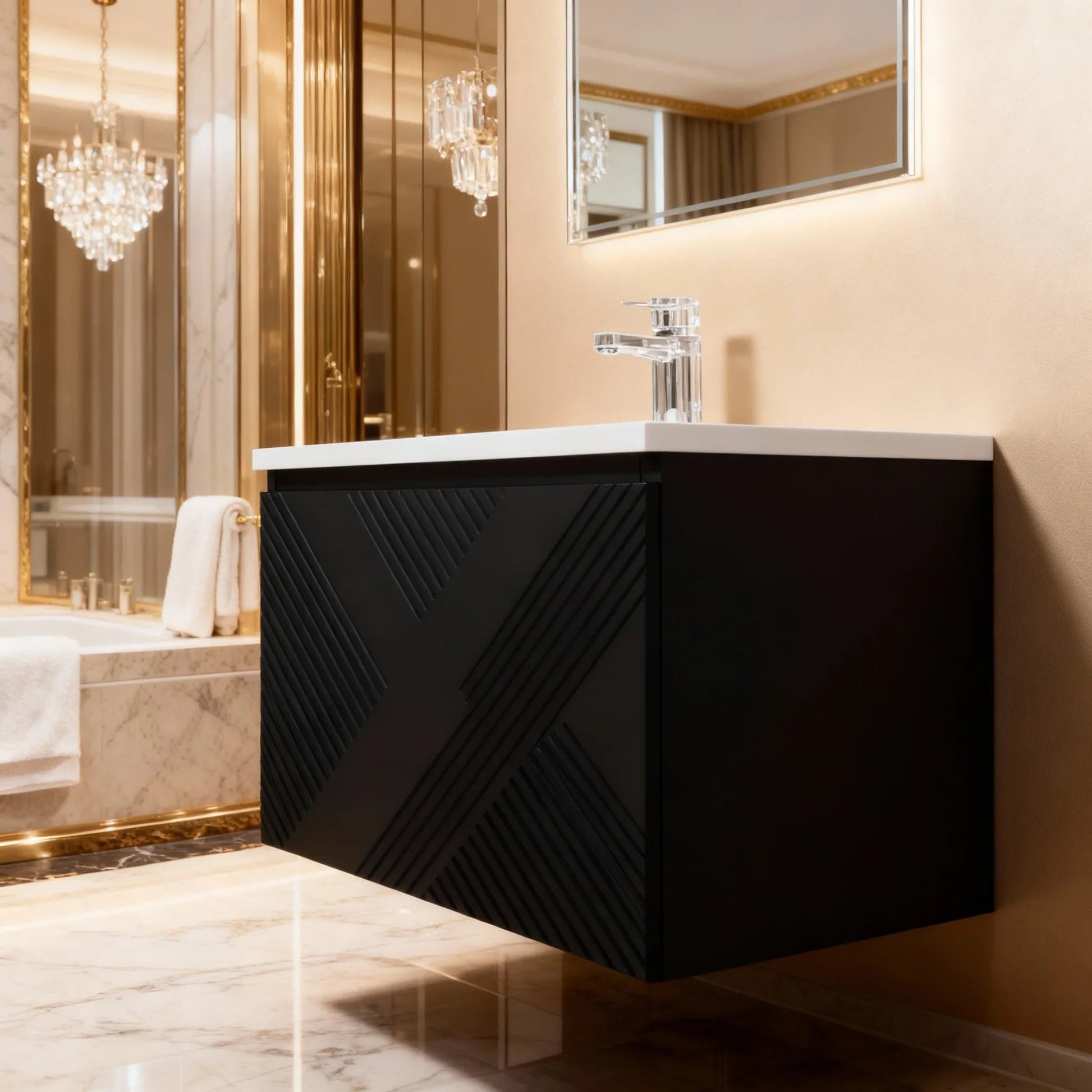 30" Black Wall Mount Bathroom Vanity with White Polymarble Countertop-Migration_Bathroom Vanities-DECOROLALA