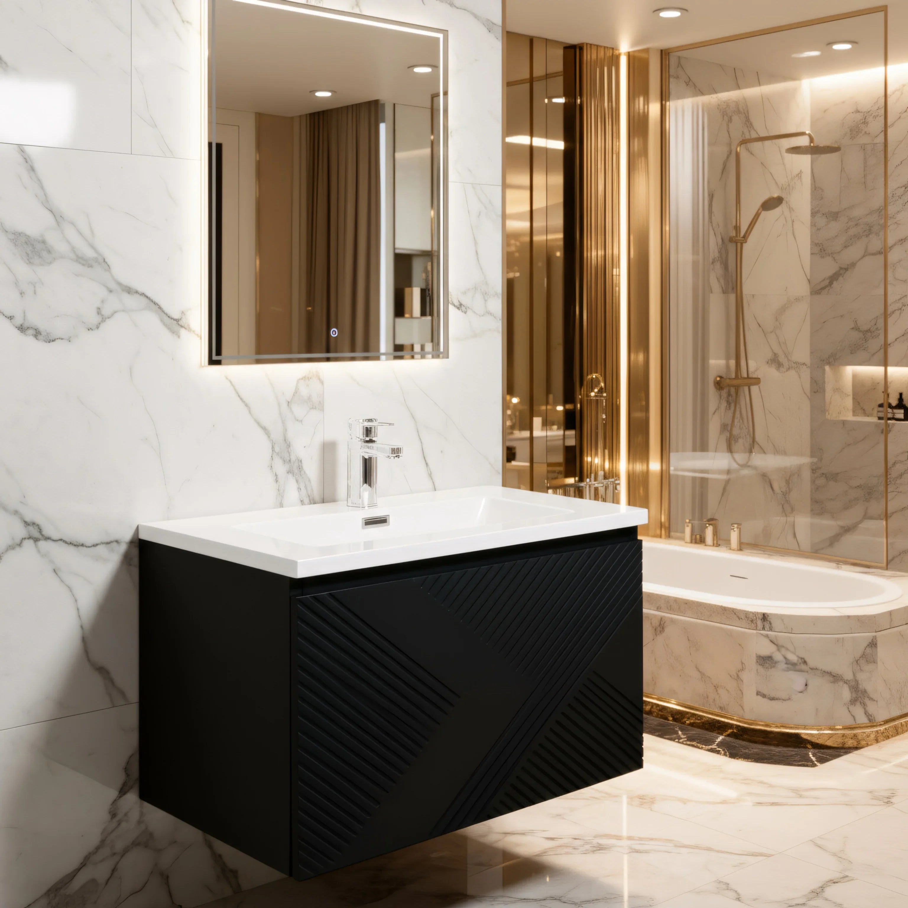 30" Black Wall Mount Bathroom Vanity with White Polymarble Countertop-Migration_Bathroom Vanities-DECOROLALA