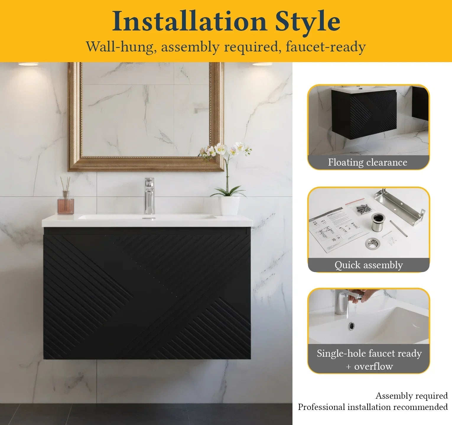30" Black Wall Mount Bathroom Vanity with White Polymarble Countertop-Migration_Bathroom Vanities-DECOROLALA
