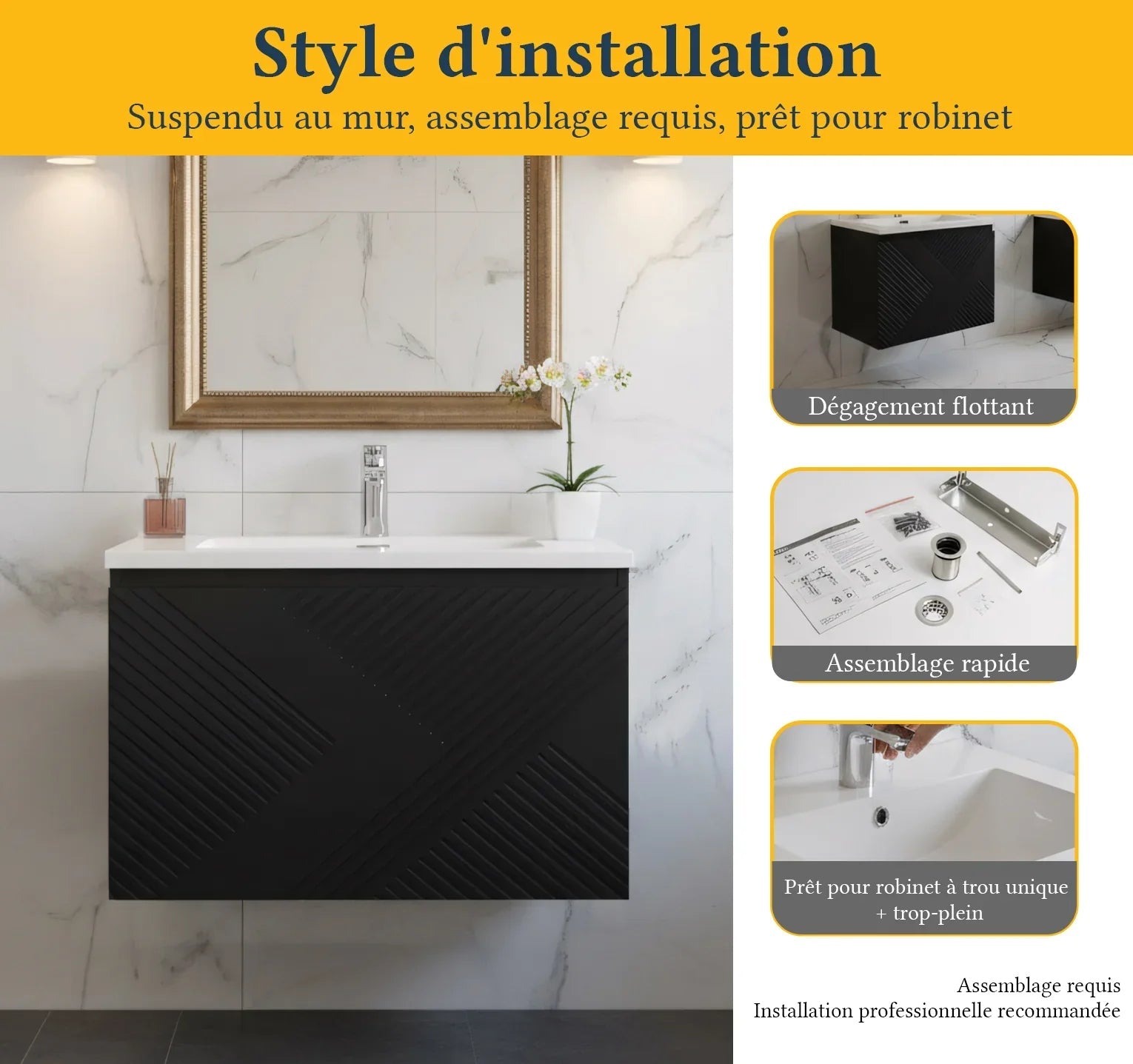 30" Black Wall Mount Bathroom Vanity with White Polymarble Countertop-Migration_Bathroom Vanities-DECOROLALA