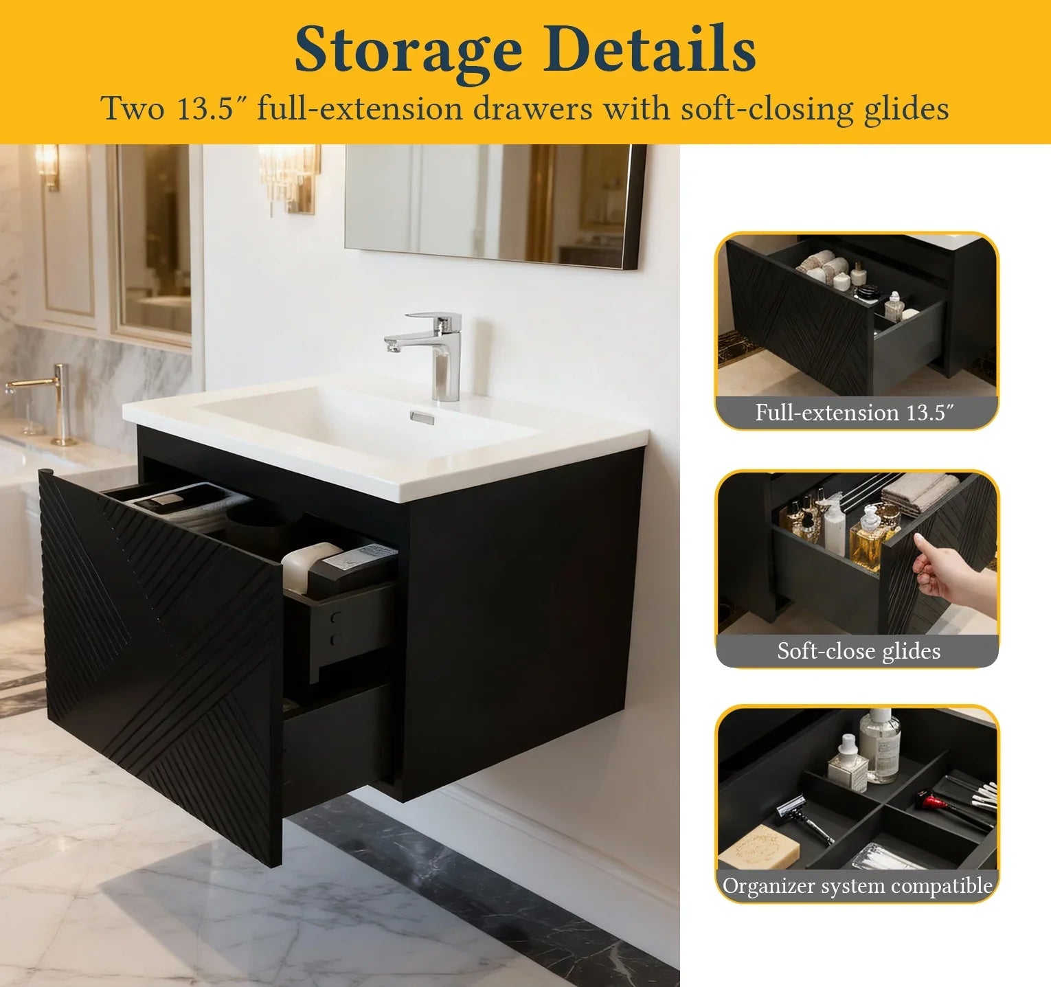 30" Black Wall Mount Bathroom Vanity with White Polymarble Countertop-Migration_Bathroom Vanities-DECOROLALA