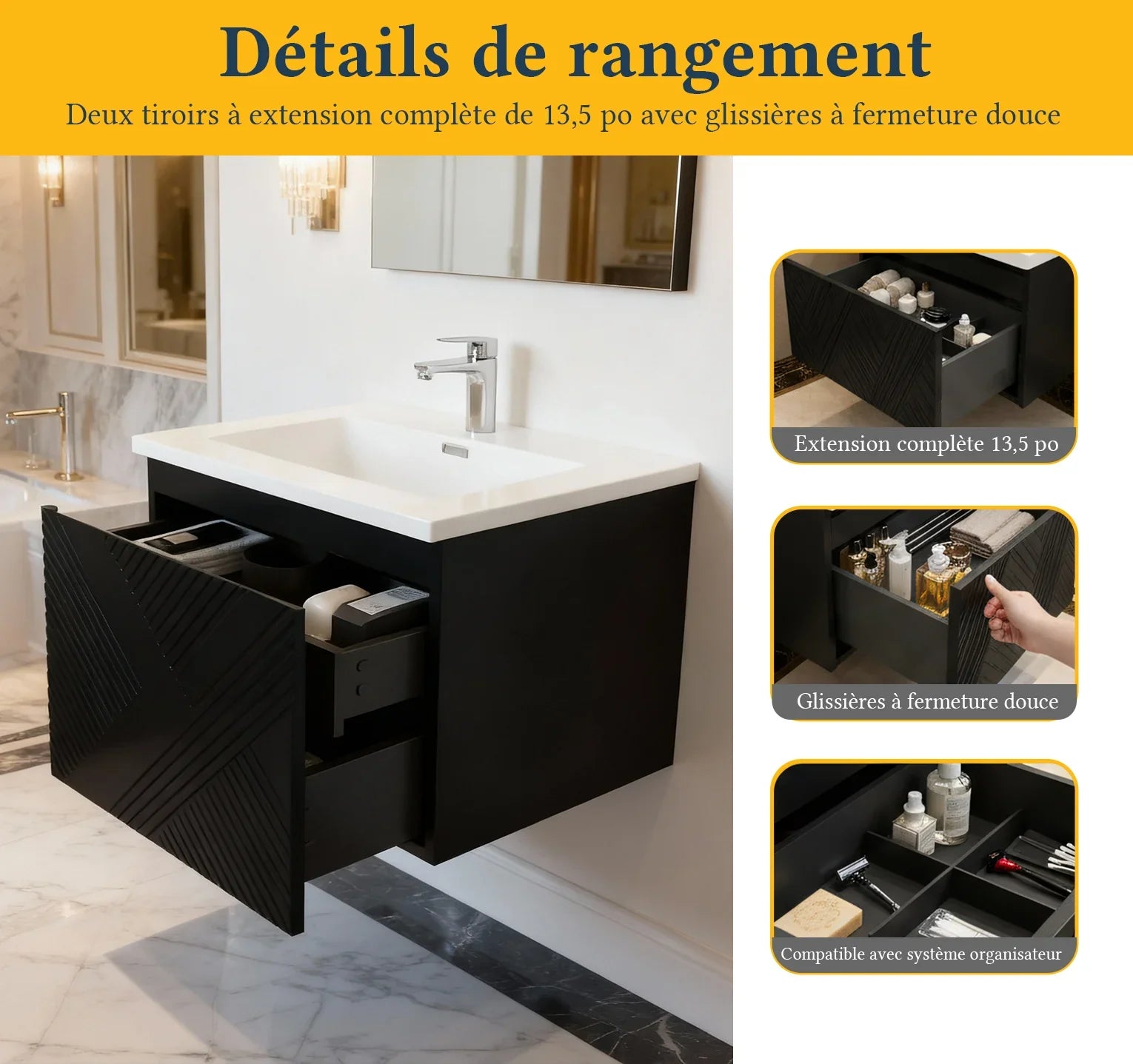 30" Black Wall Mount Bathroom Vanity with White Polymarble Countertop-Migration_Bathroom Vanities-DECOROLALA