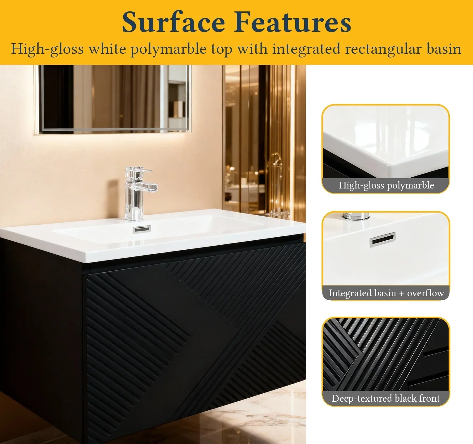 30" Black Wall Mount Bathroom Vanity with White Polymarble Countertop-Migration_Bathroom Vanities-DECOROLALA