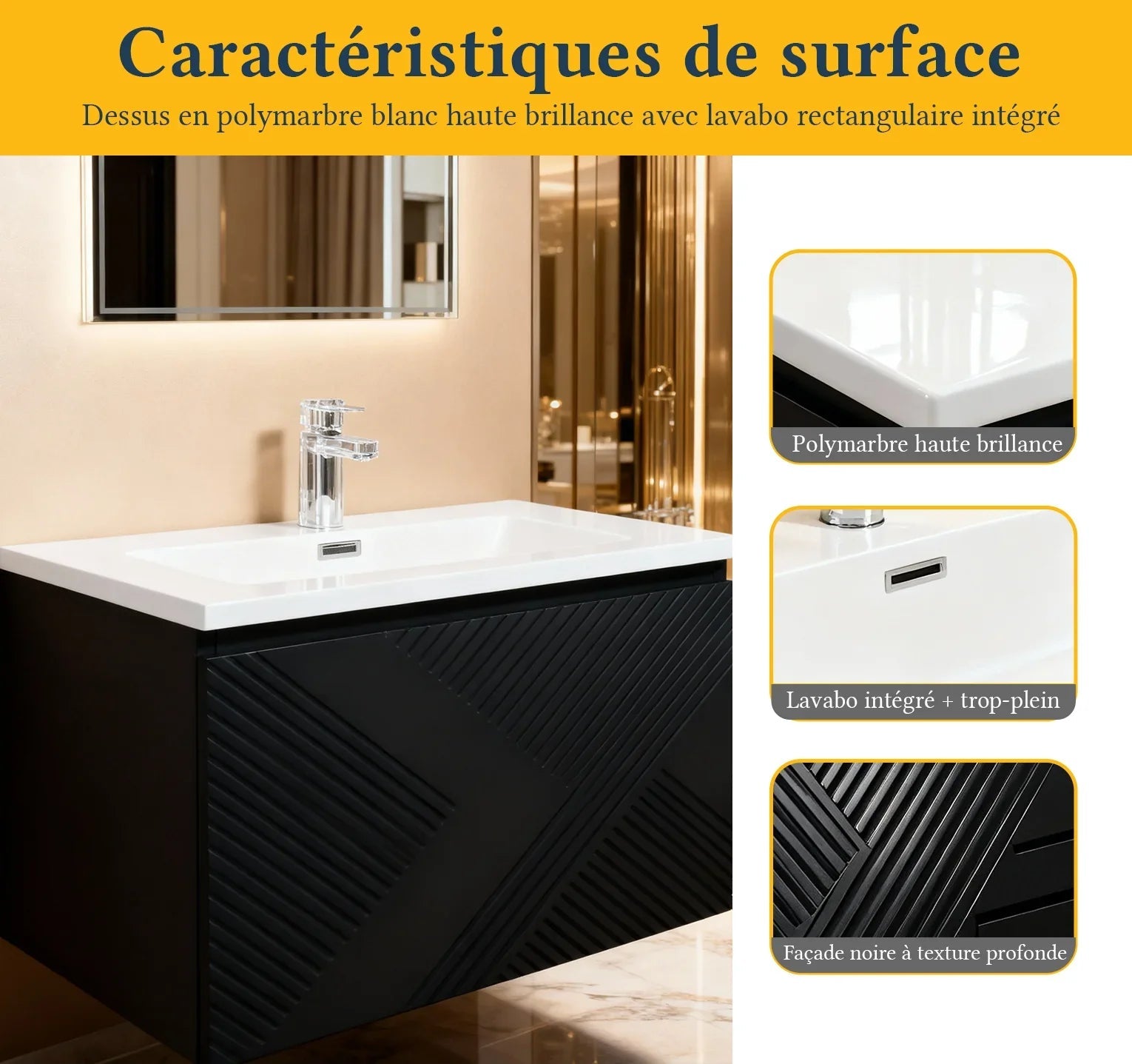 30" Black Wall Mount Bathroom Vanity with White Polymarble Countertop-Migration_Bathroom Vanities-DECOROLALA