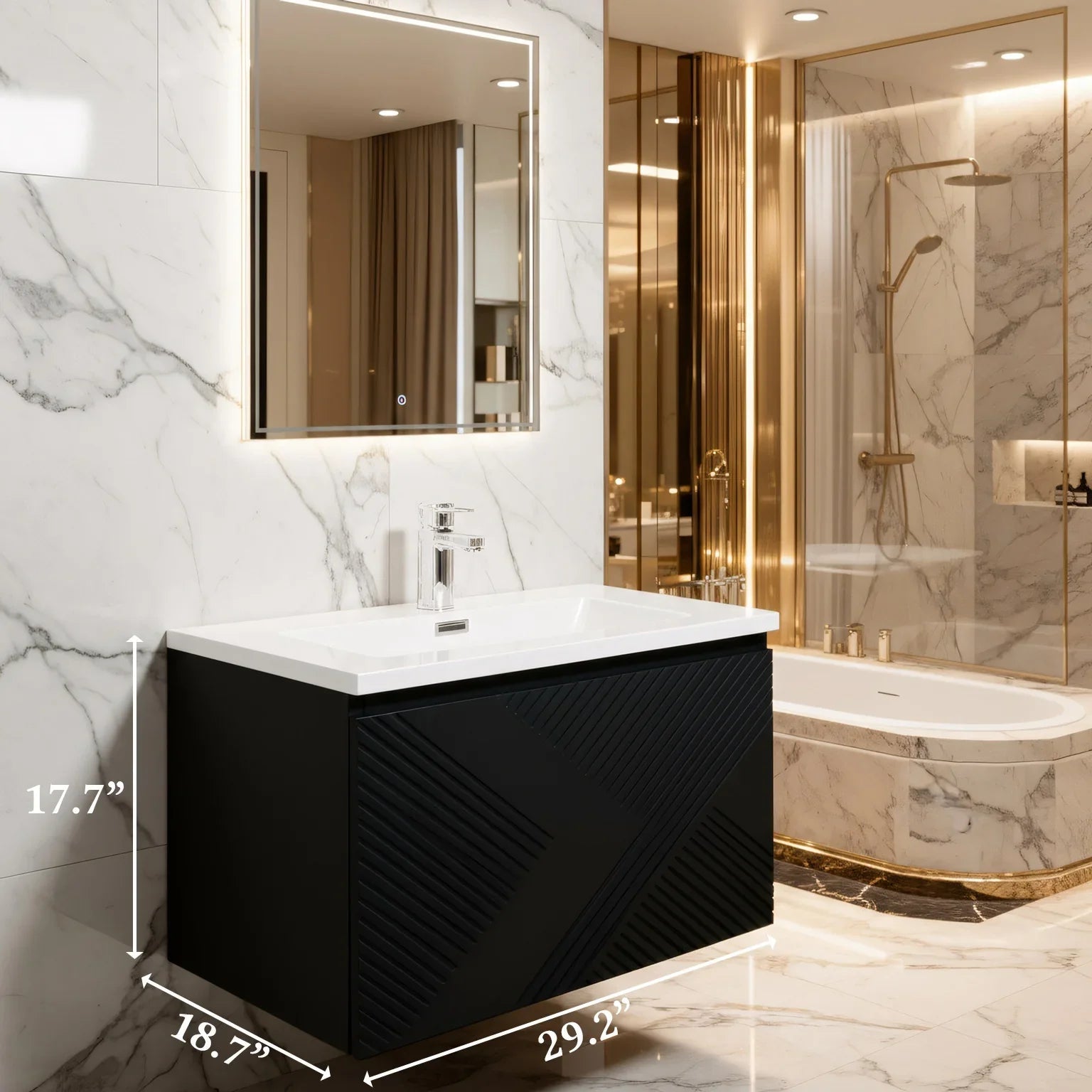 30" Black Wall Mount Bathroom Vanity with White Polymarble Countertop-Migration_Bathroom Vanities-DECOROLALA