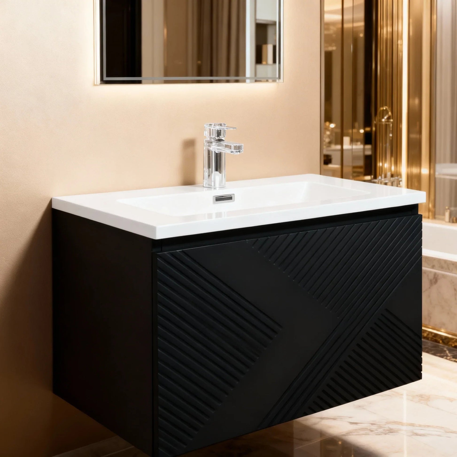 30" Black Wall Mount Bathroom Vanity with White Polymarble Countertop-Migration_Bathroom Vanities-DECOROLALA