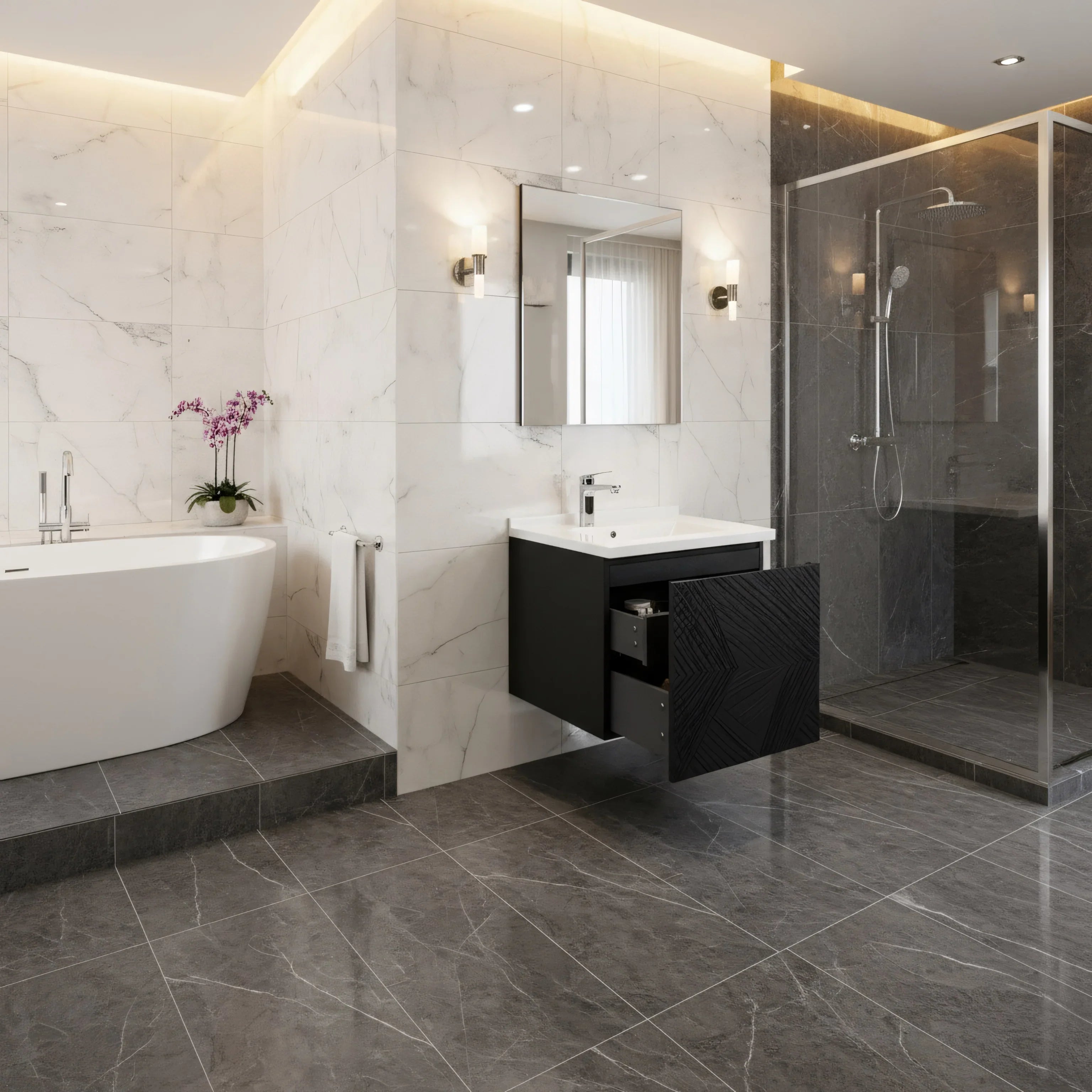 30" Black Wall Mount Bathroom Vanity with White Polymarble Countertop-Migration_Bathroom Vanities-DECOROLALA