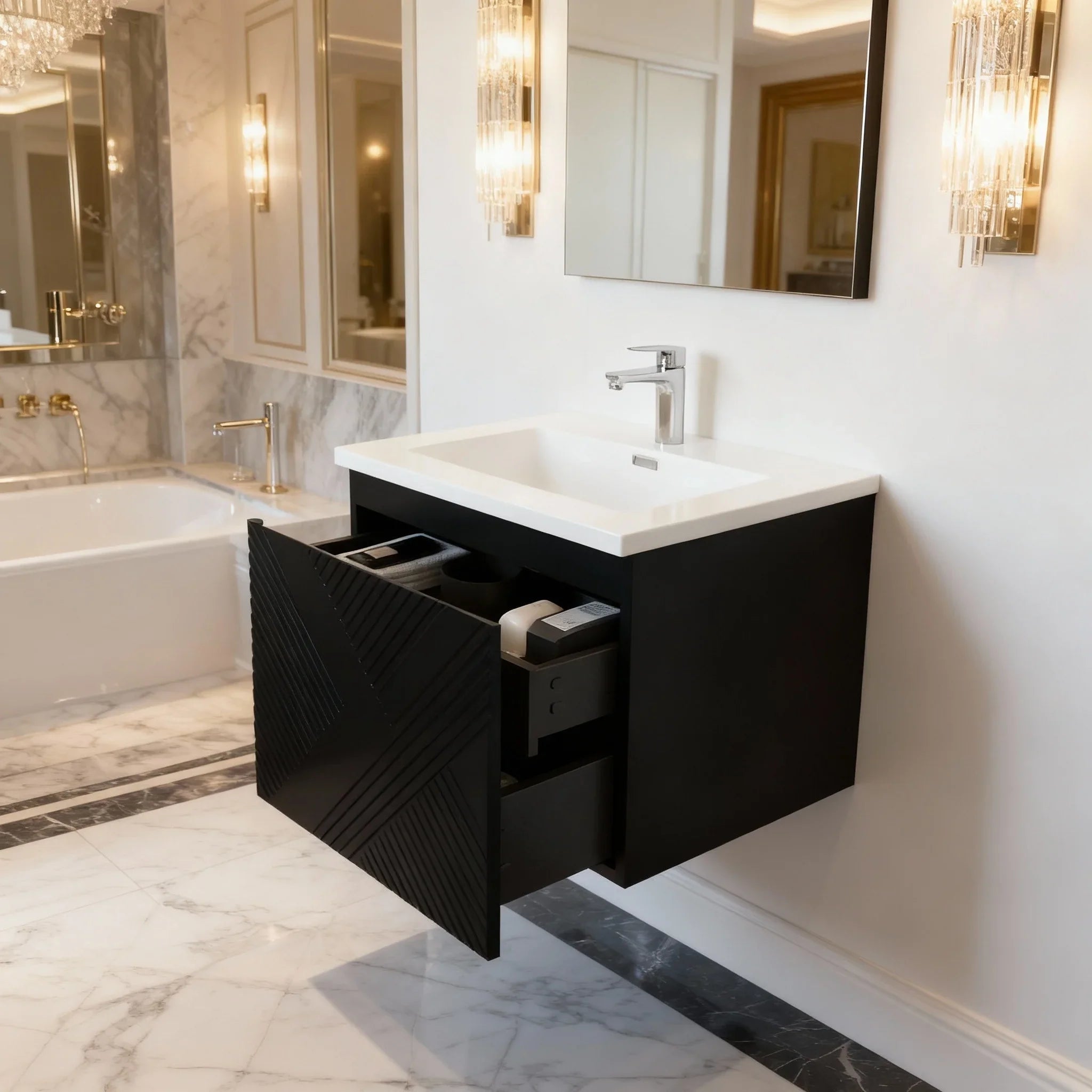30" Black Wall Mount Bathroom Vanity with White Polymarble Countertop-Migration_Bathroom Vanities-DECOROLALA