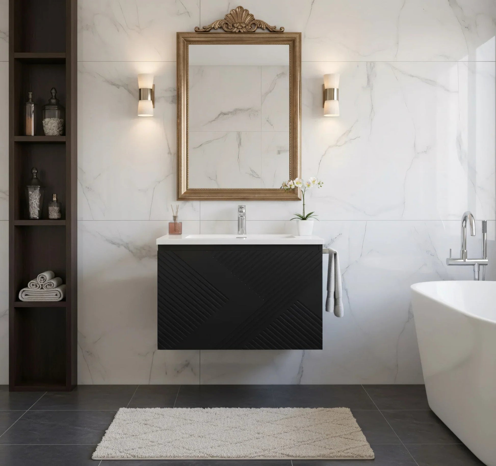 30" Black Wall Mount Bathroom Vanity with White Polymarble Countertop-Migration_Bathroom Vanities-DECOROLALA