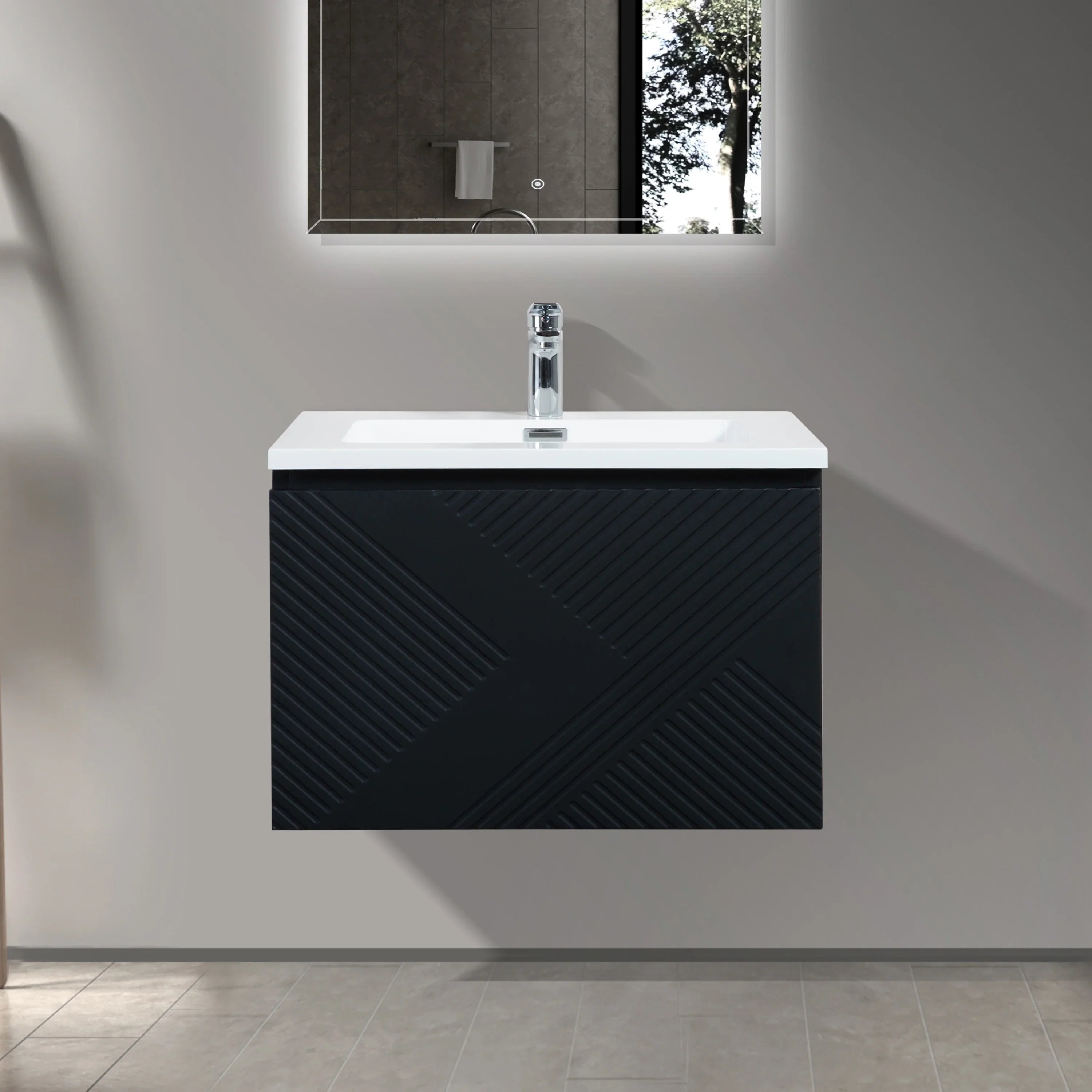 30" Black Wall Mount Bathroom Vanity with White Polymarble Countertop-Migration_Bathroom Vanities-DECOROLALA