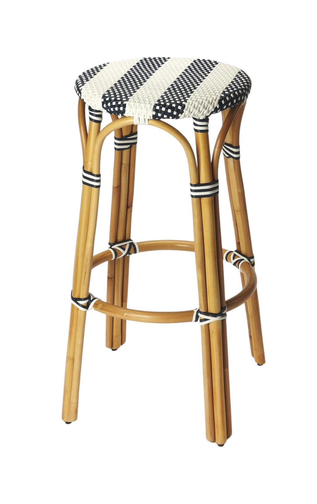 30" Blue and White and Natural Heavy Duty Rattan Backless Bar Height Bar Chair-Bar Chairs-DECOROLALA