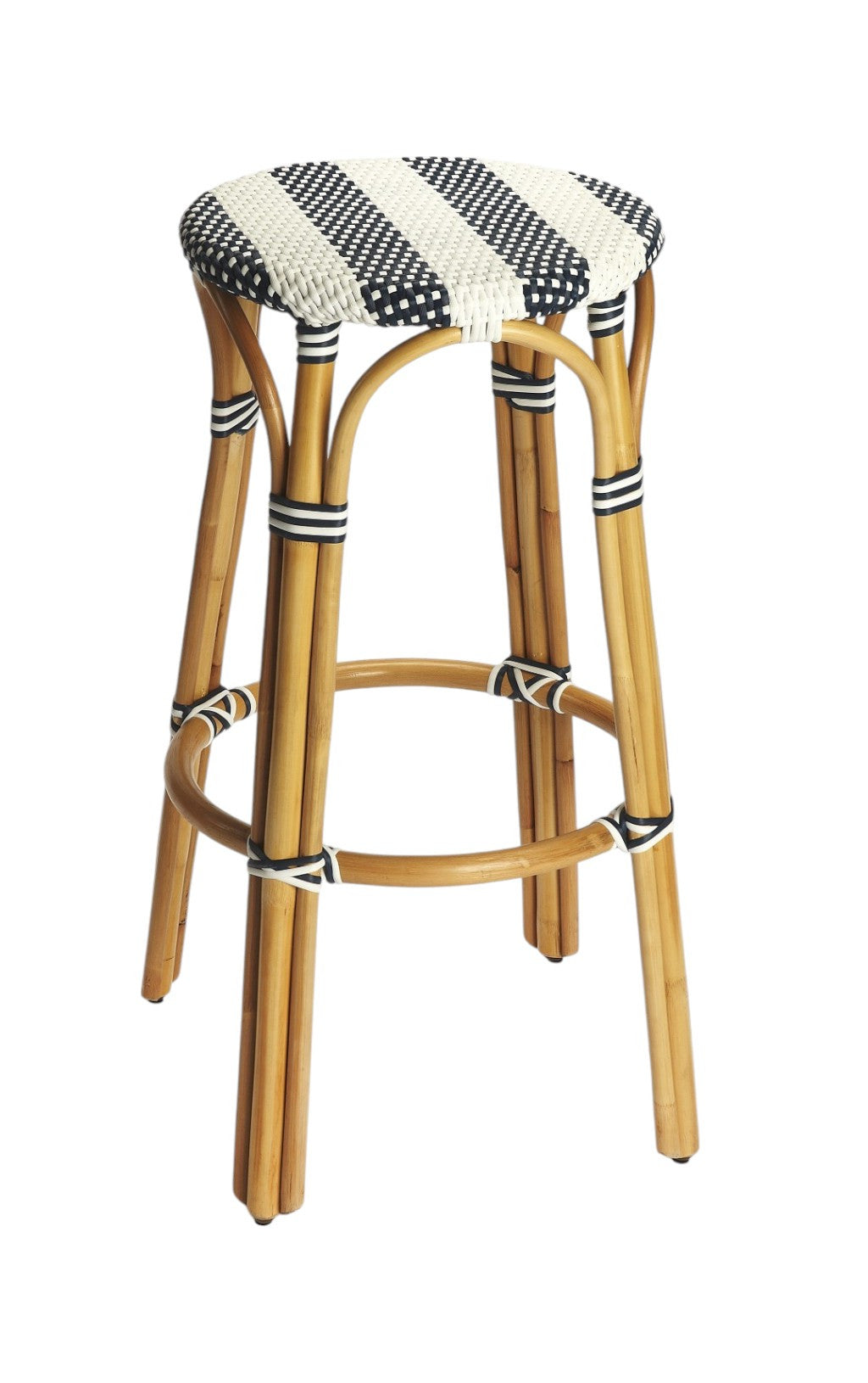 30" Blue and White and Natural Heavy Duty Rattan Backless Bar Height Bar Chair-Bar Chairs-DECOROLALA