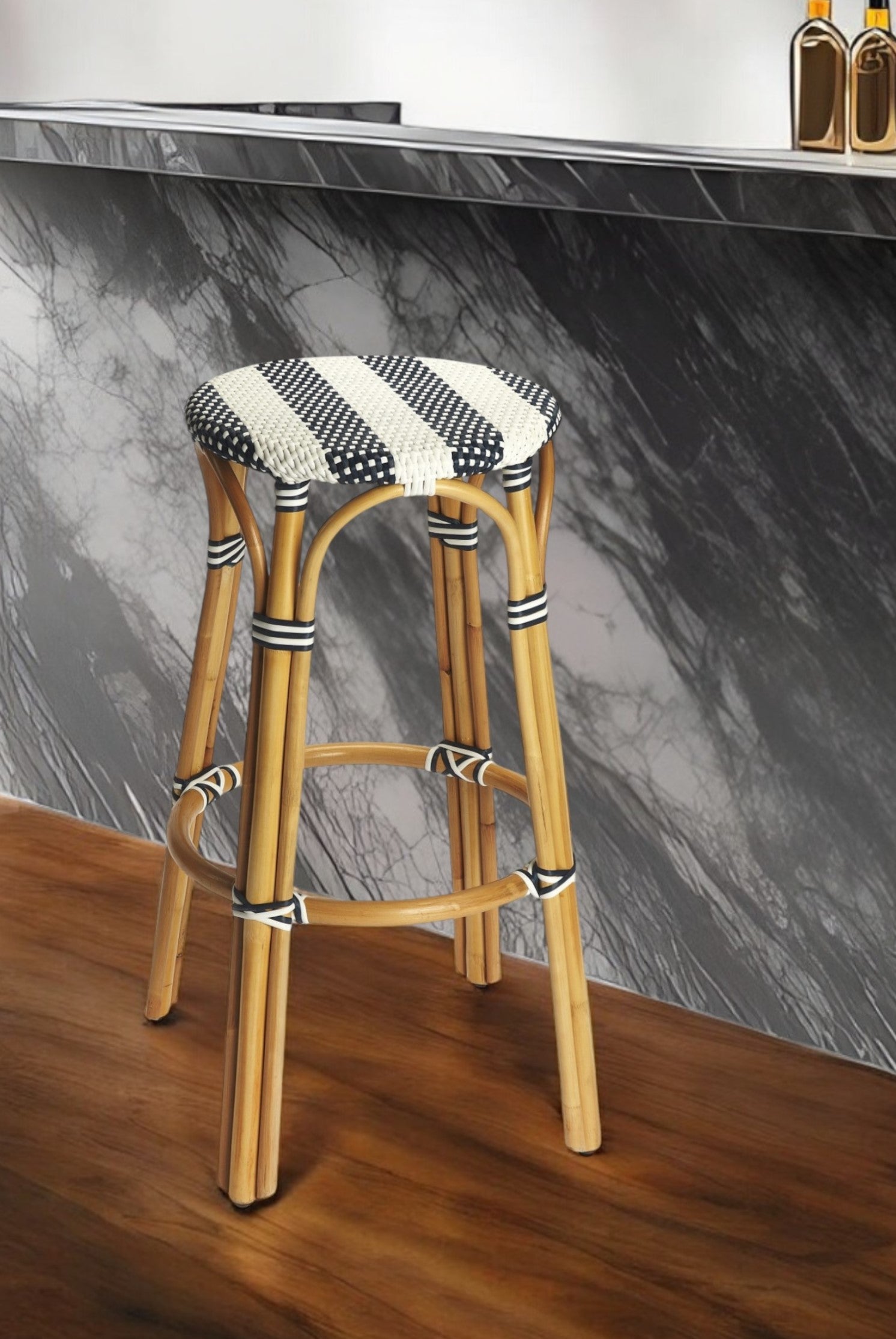 30" Blue and White and Natural Heavy Duty Rattan Backless Bar Height Bar Chair-Bar Chairs-DECOROLALA