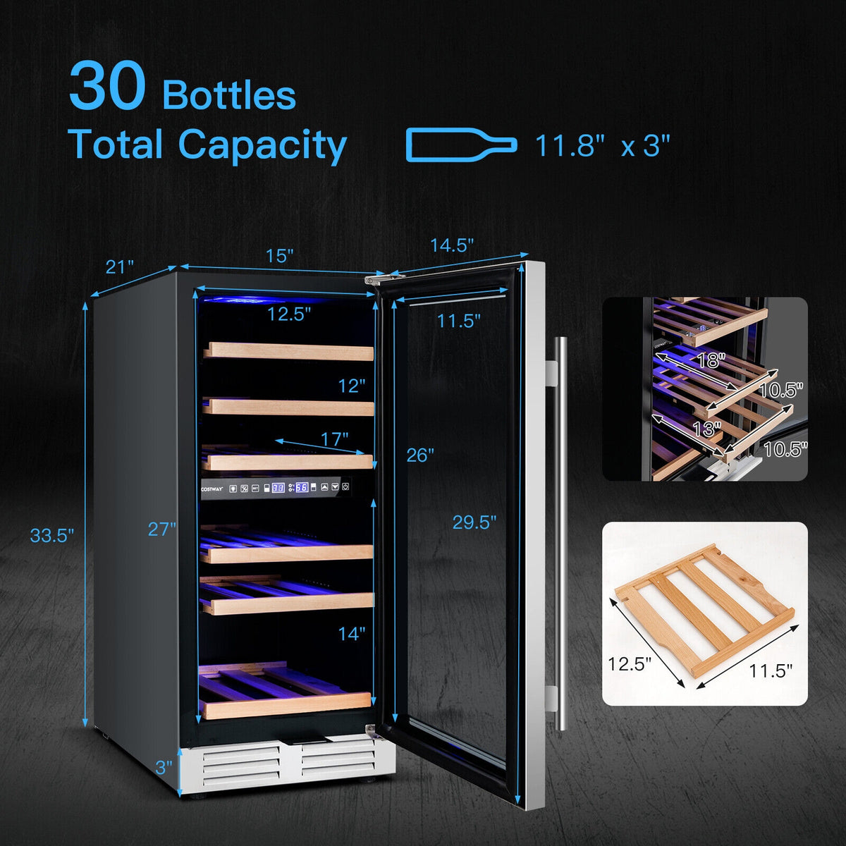 30-Bottle Freestanding Wine Cooler with Temp Memory and Dual Zones -Silver-Wine & Beverage Coolers-DECOROLALA