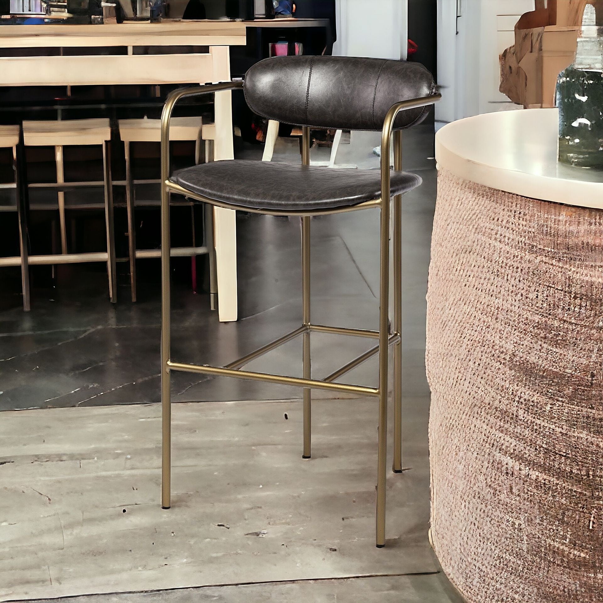 30" Brown And Gold Faux Leather And Steel Bar Height Bar Chair-Bar Chairs-DECOROLALA