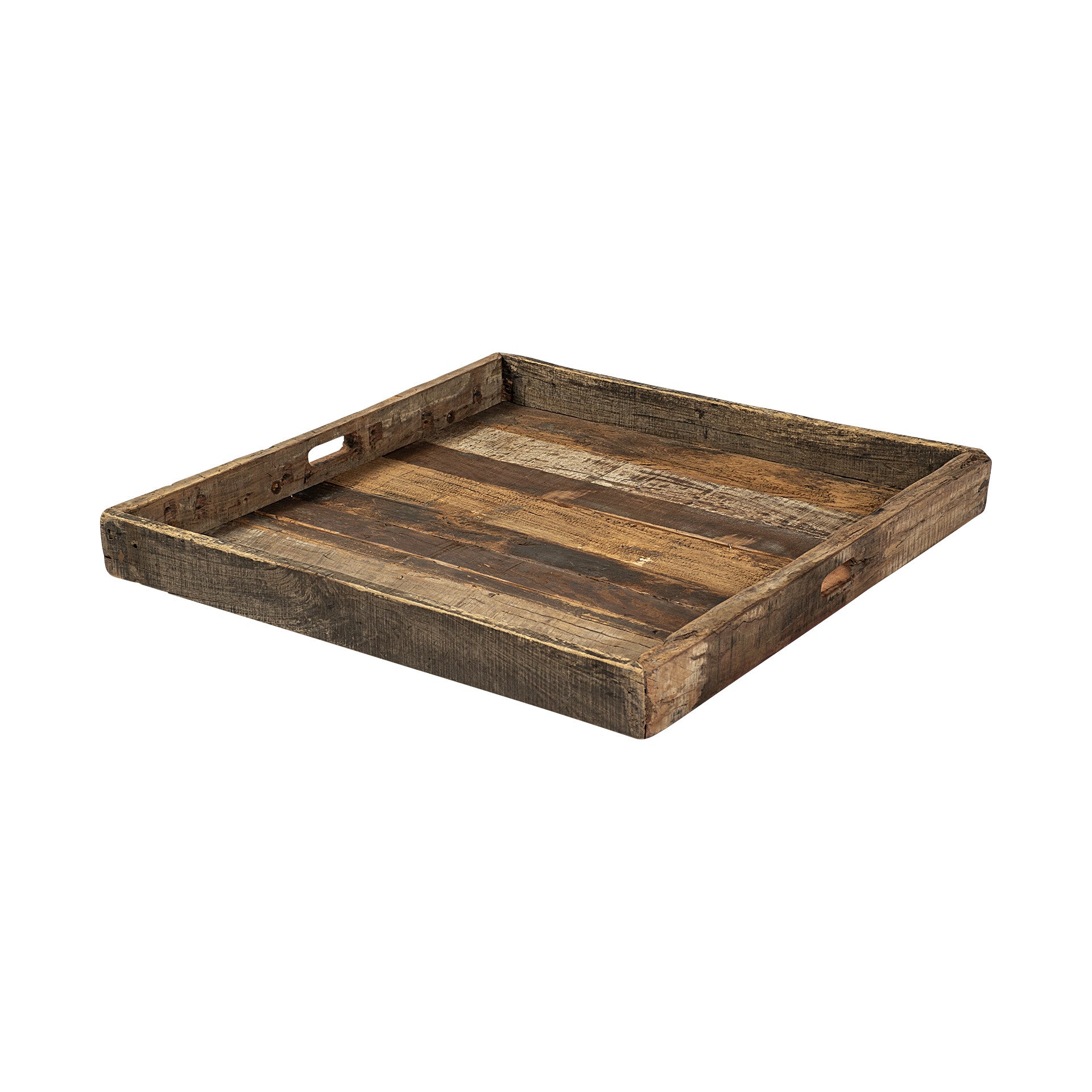 30" Brown Square Reclaimed Wood Serving Tray With Handles-Trays-DECOROLALA