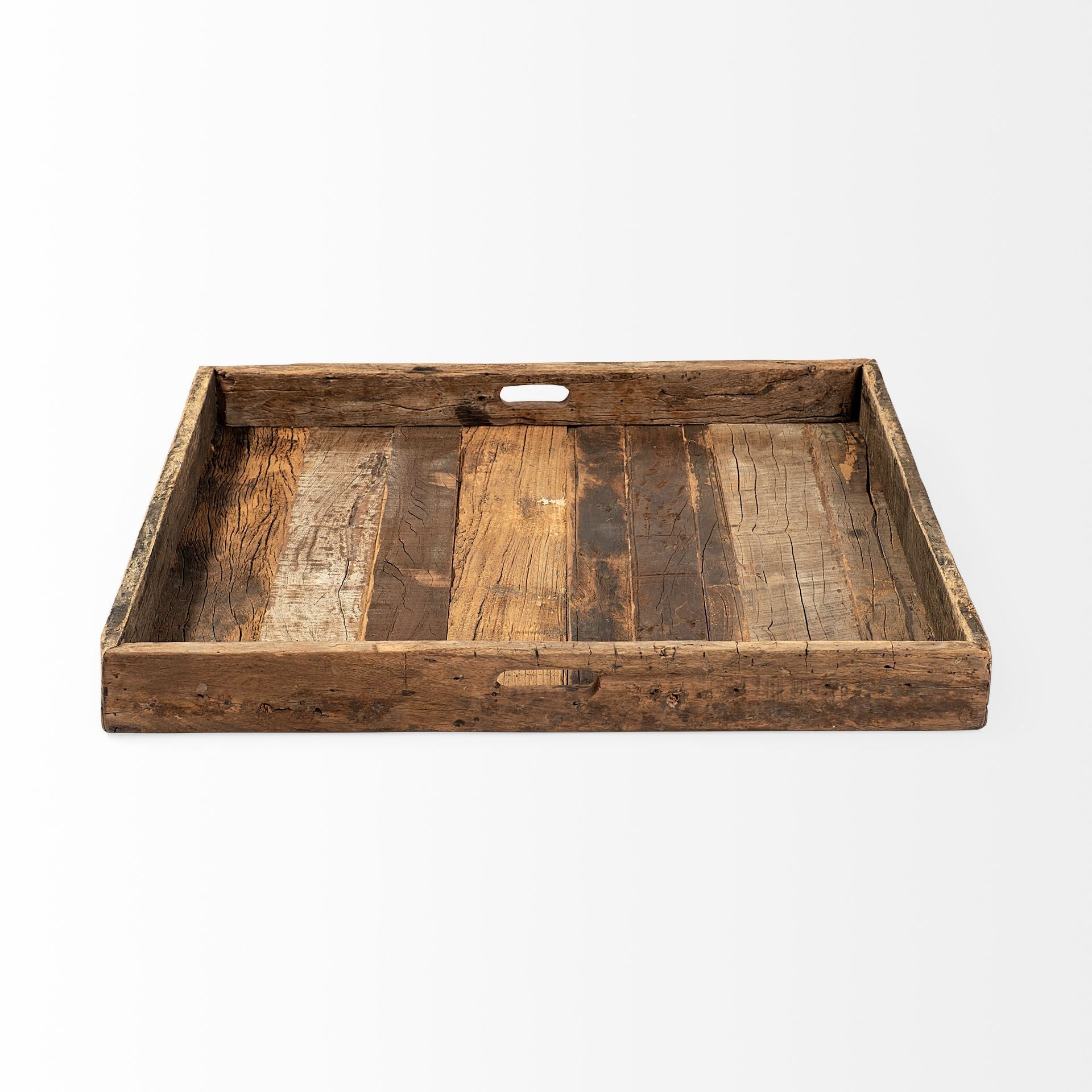 30" Brown Square Reclaimed Wood Serving Tray With Handles-Trays-DECOROLALA