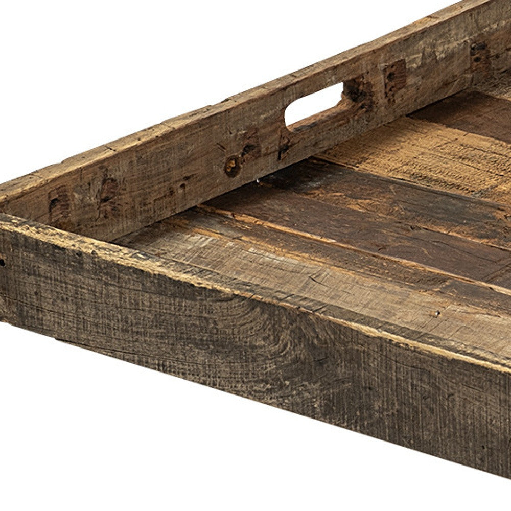 30" Brown Square Reclaimed Wood Serving Tray With Handles-Trays-DECOROLALA