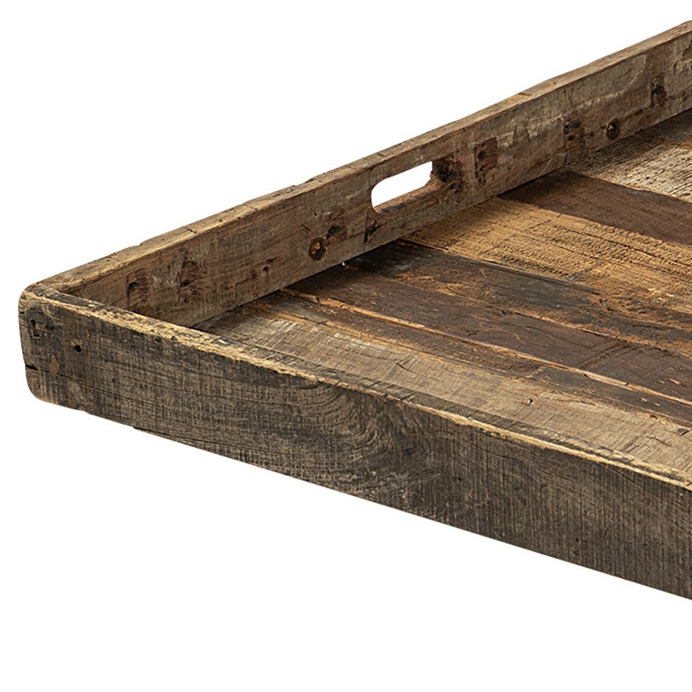 30" Brown Square Reclaimed Wood Serving Tray With Handles-Trays-DECOROLALA