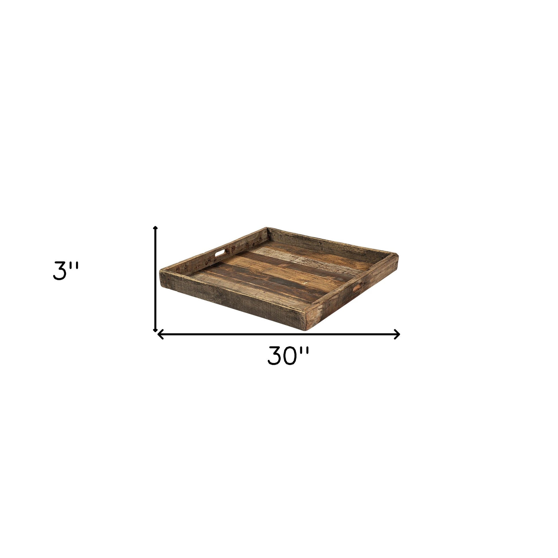 30" Brown Square Reclaimed Wood Serving Tray With Handles-Trays-DECOROLALA