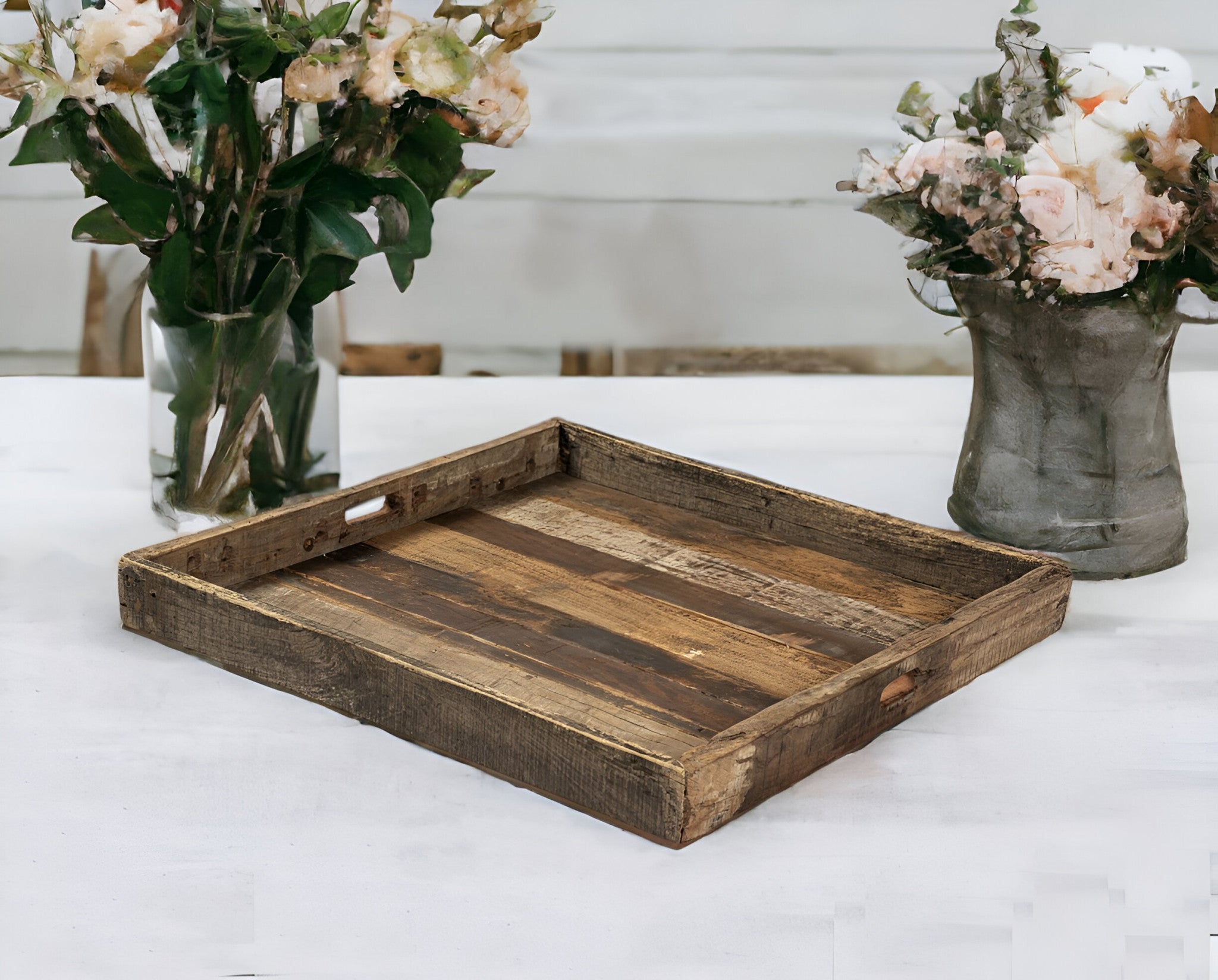 30" Brown Square Reclaimed Wood Serving Tray With Handles-Trays-DECOROLALA