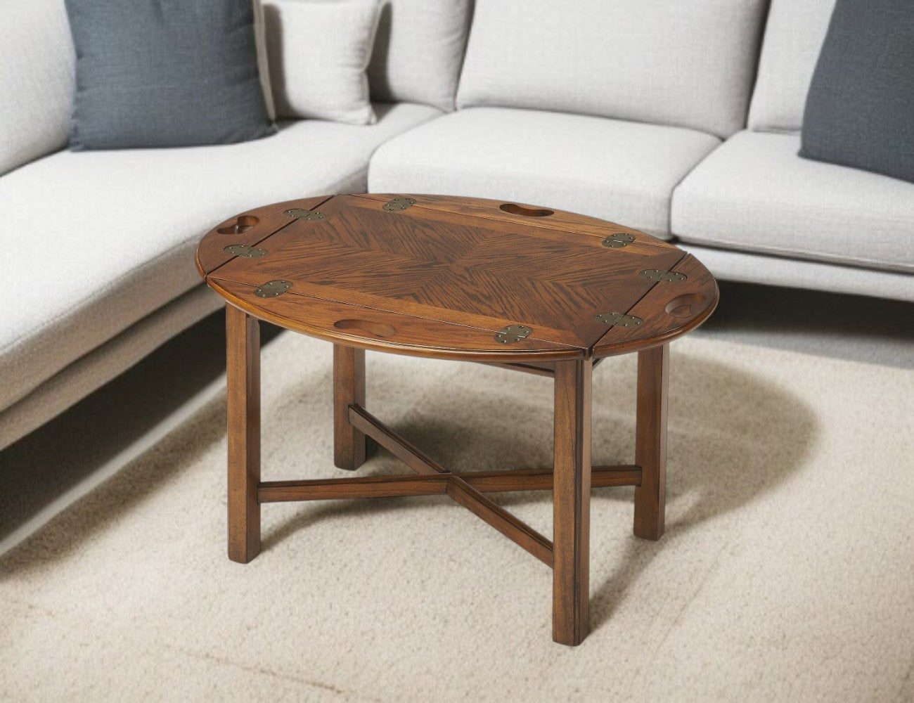 30" Brown Wood Oval Coffee Table-Coffee Tables-DECOROLALA