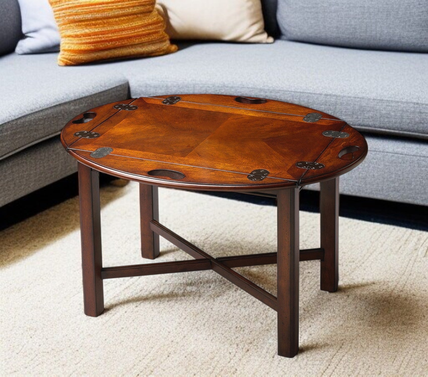 30" Brown and Dark Brown Wood Oval Coffee Table-Coffee Tables-DECOROLALA