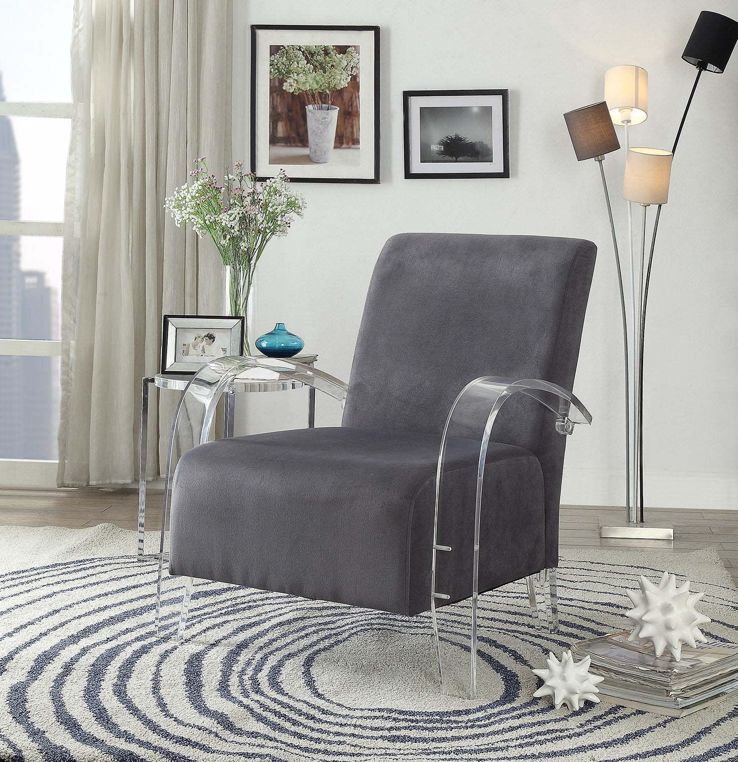 30" Charcoal and Champagne Velvet Arm Chair-Accent Chairs-DECOROLALA