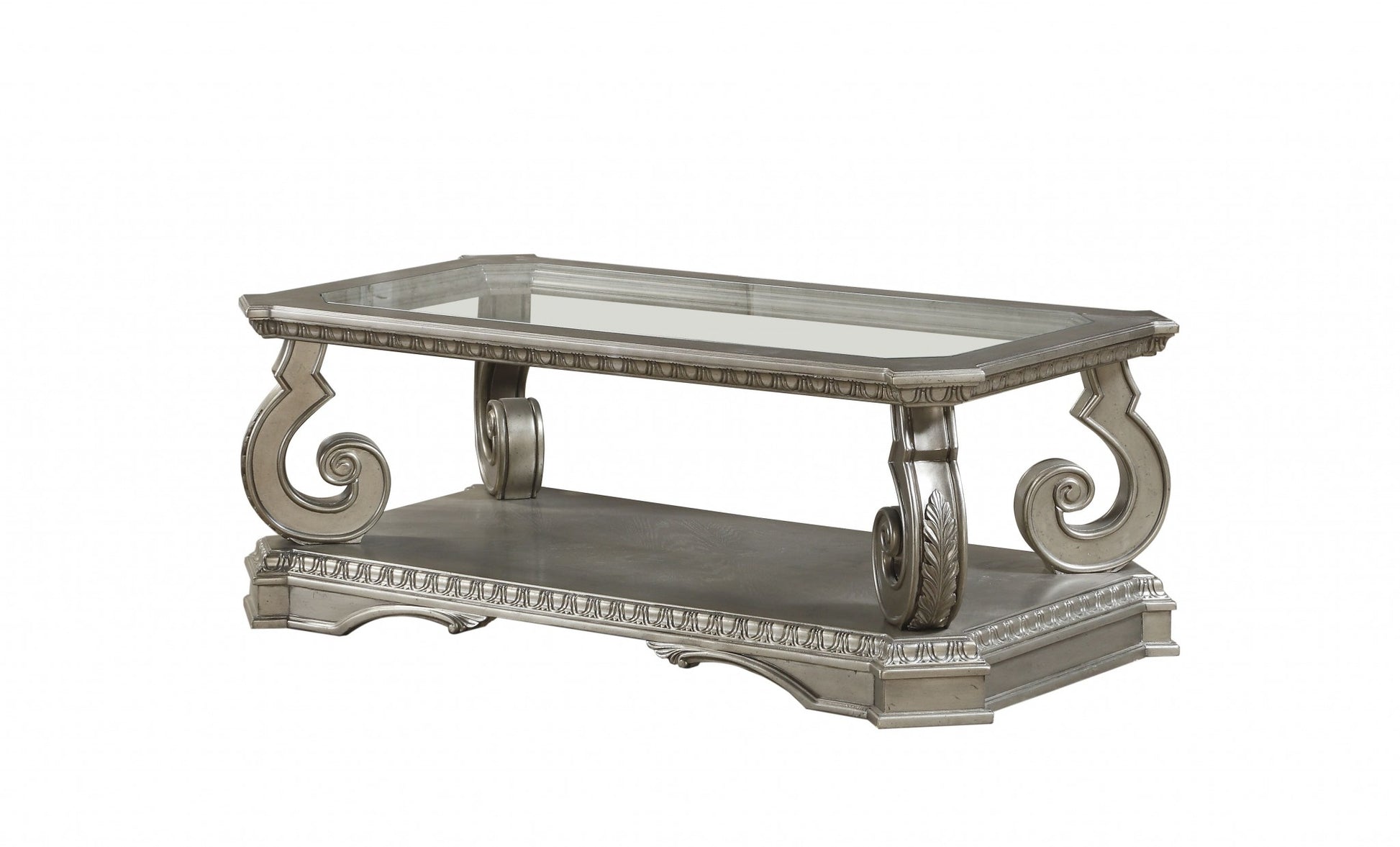 30" Clear and Gray Glass And Solid Wood Floor Shelf Coffee Table With Shelf-Coffee Tables-DECOROLALA