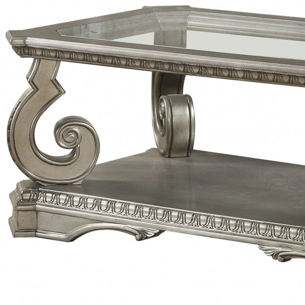 30" Clear and Gray Glass And Solid Wood Floor Shelf Coffee Table With Shelf-Coffee Tables-DECOROLALA