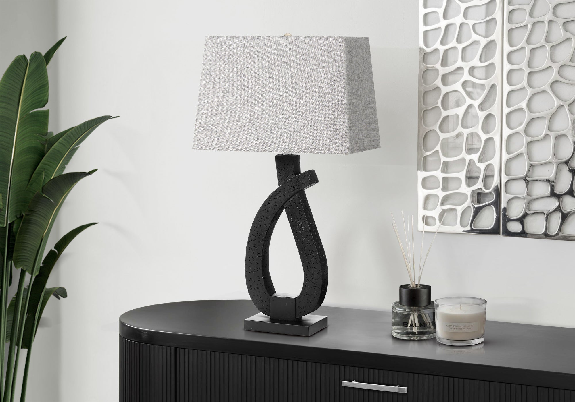 30" Contemporary Table Lamp - Black Resin with Grey Linen Shade-Table lamp-DECOROLALA