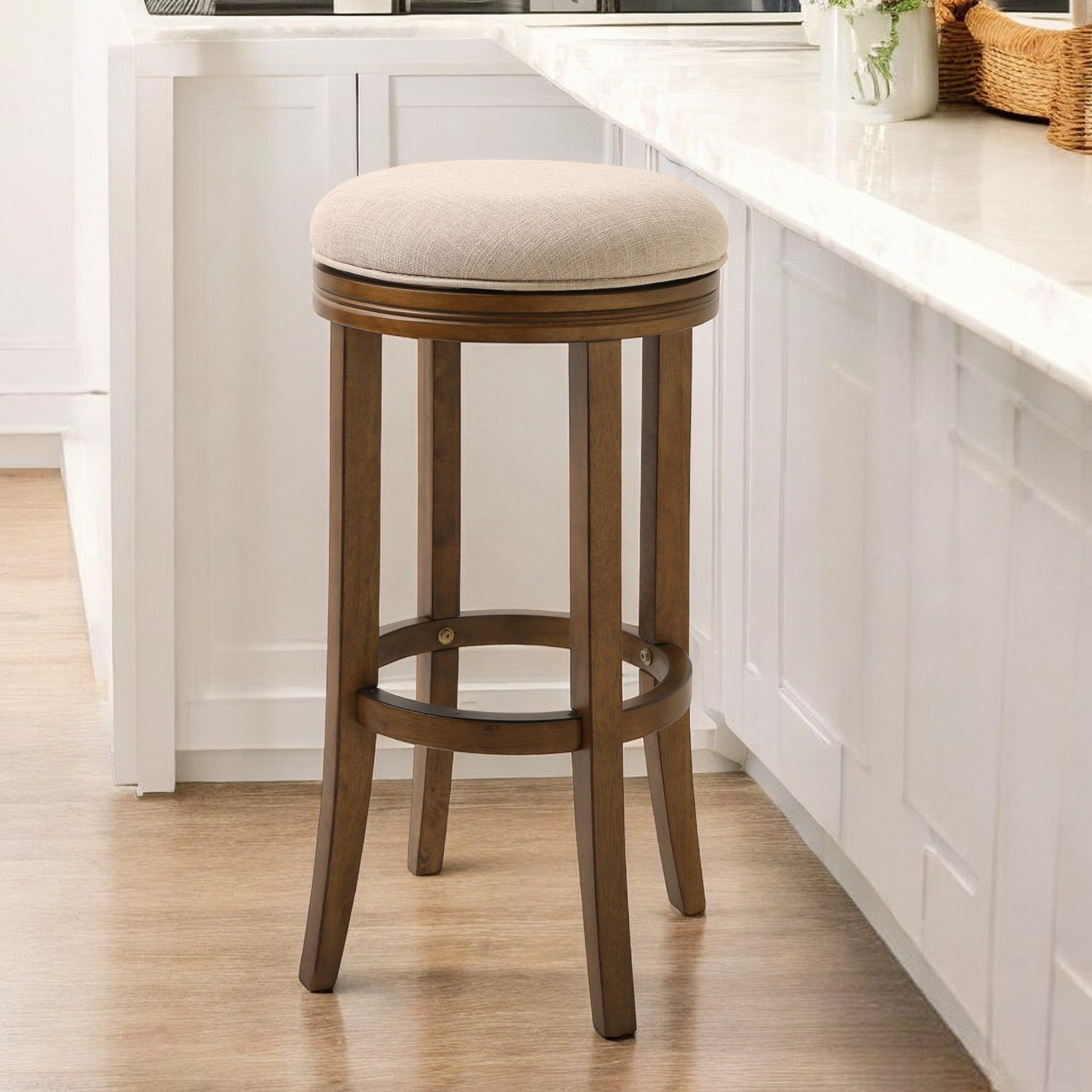 30" Cream and Brown Fabric and Solid Wood Backless Bar Height Swivel Bar Chair-Bar Chairs-DECOROLALA