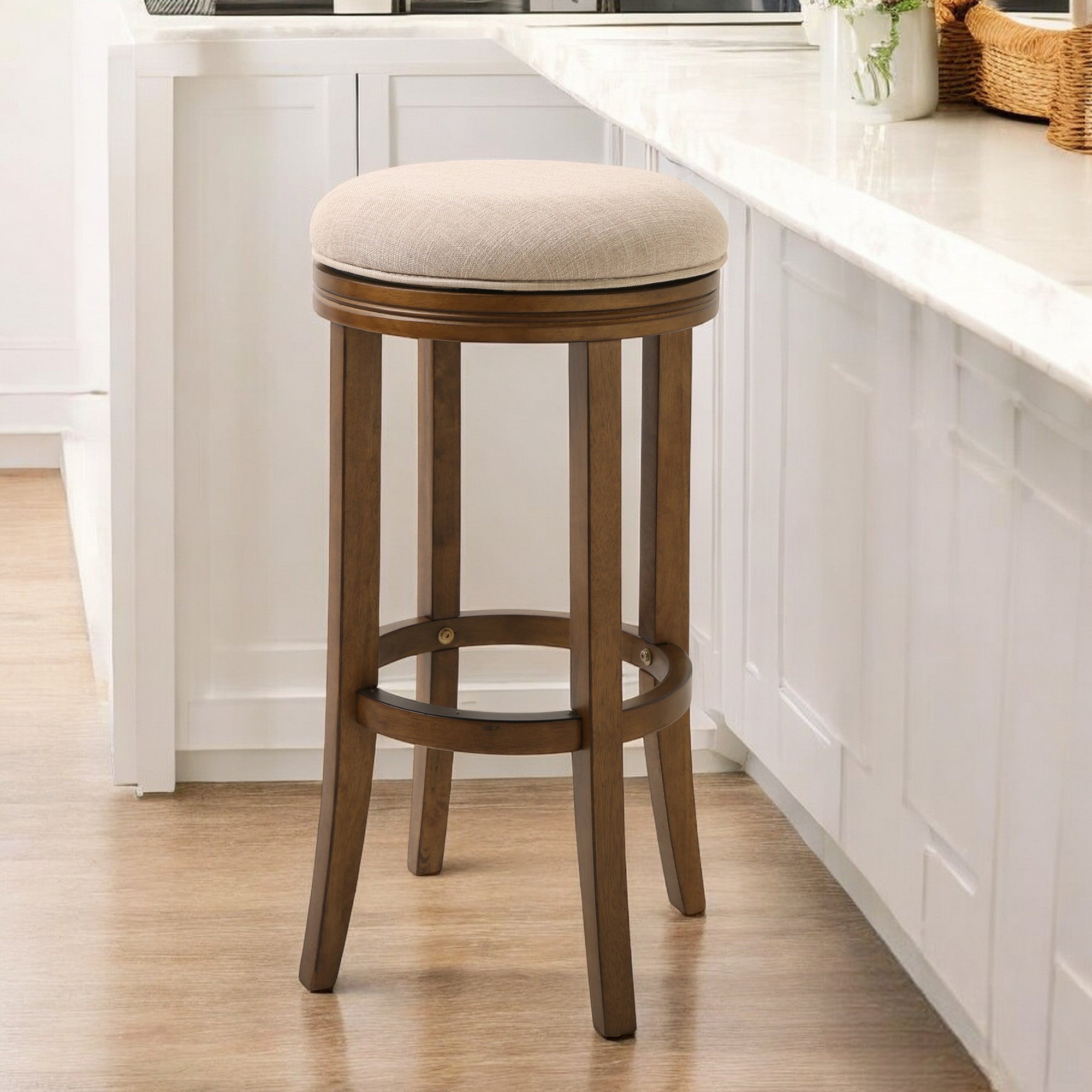 30" Cream and Brown Fabric and Solid Wood Backless Bar Height Swivel Bar Chair-Bar Chairs-DECOROLALA