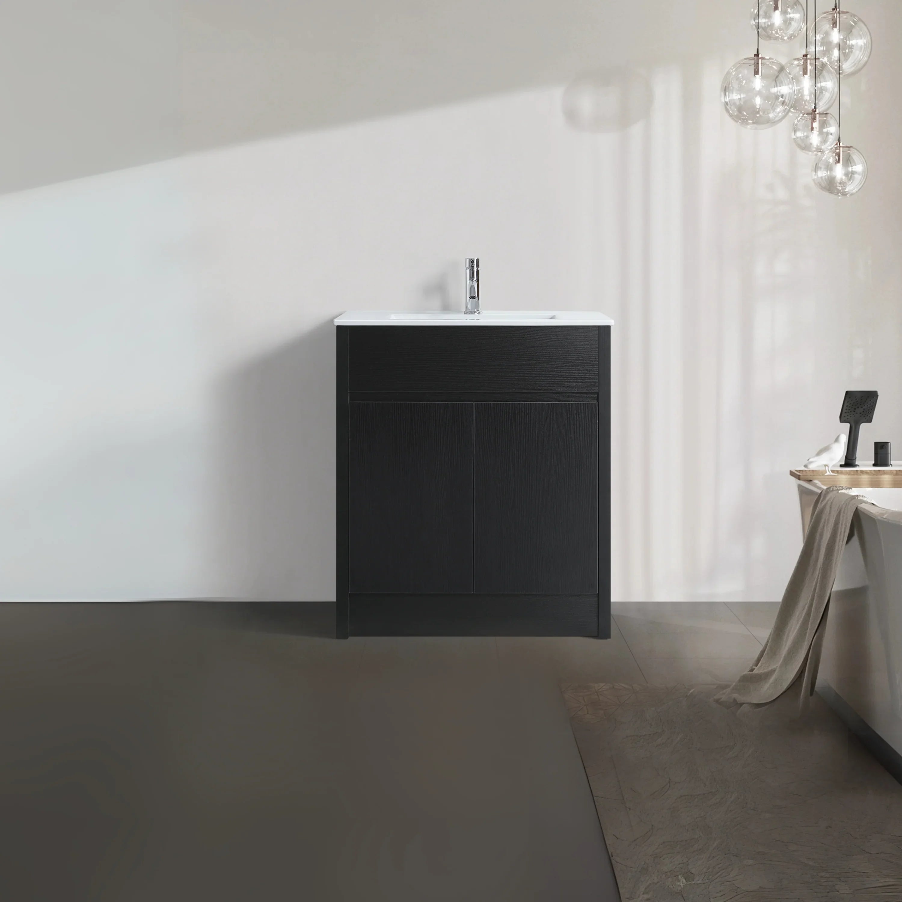 Bundle and Save: 30" Dark Brown Oak Freestanding Bathroom Vanity with Mirror and Faucet
