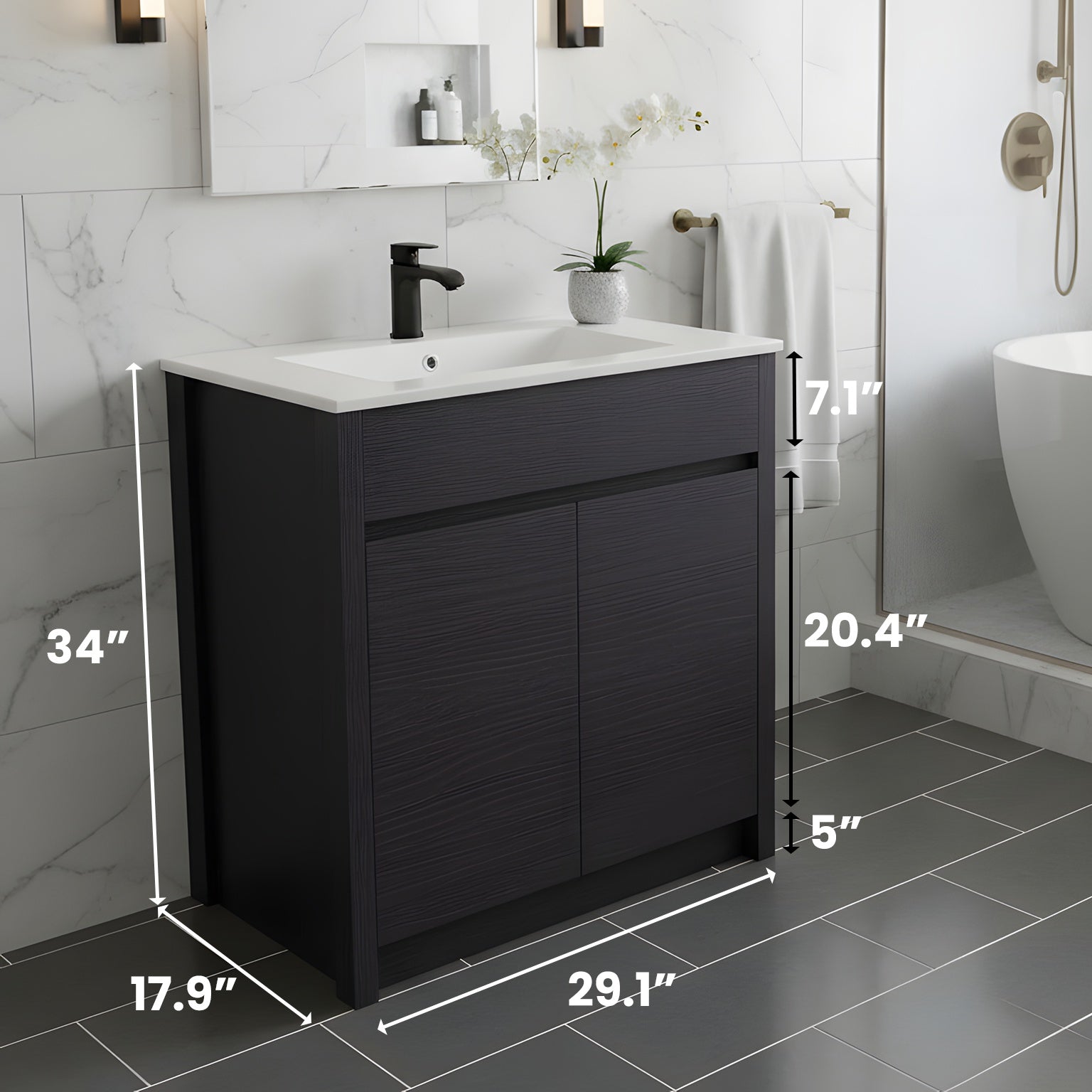 30" Dark Brown Freestanding Single Sink Bathroom Vanity with White Ceramic Countertop-Migration_Bathroom Vanities-DECOROLALA