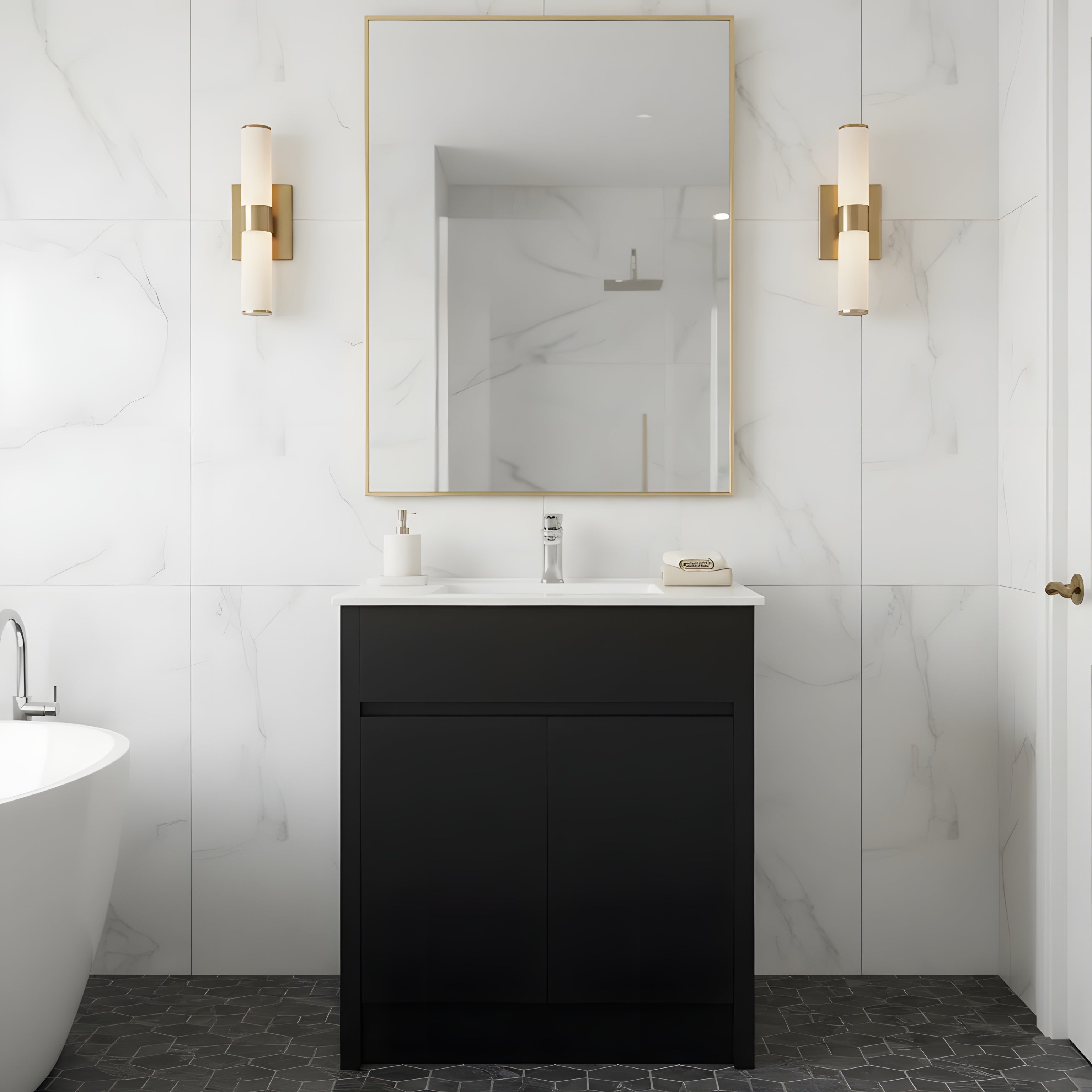 30" Dark Brown Freestanding Single Sink Bathroom Vanity with White Ceramic Countertop-Migration_Bathroom Vanities-DECOROLALA