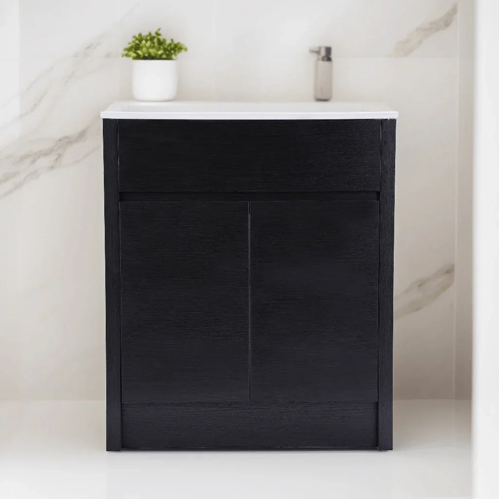 30" Dark Brown Freestanding Single Sink Bathroom Vanity with White Ceramic Countertop-Migration_Bathroom Vanities-DECOROLALA