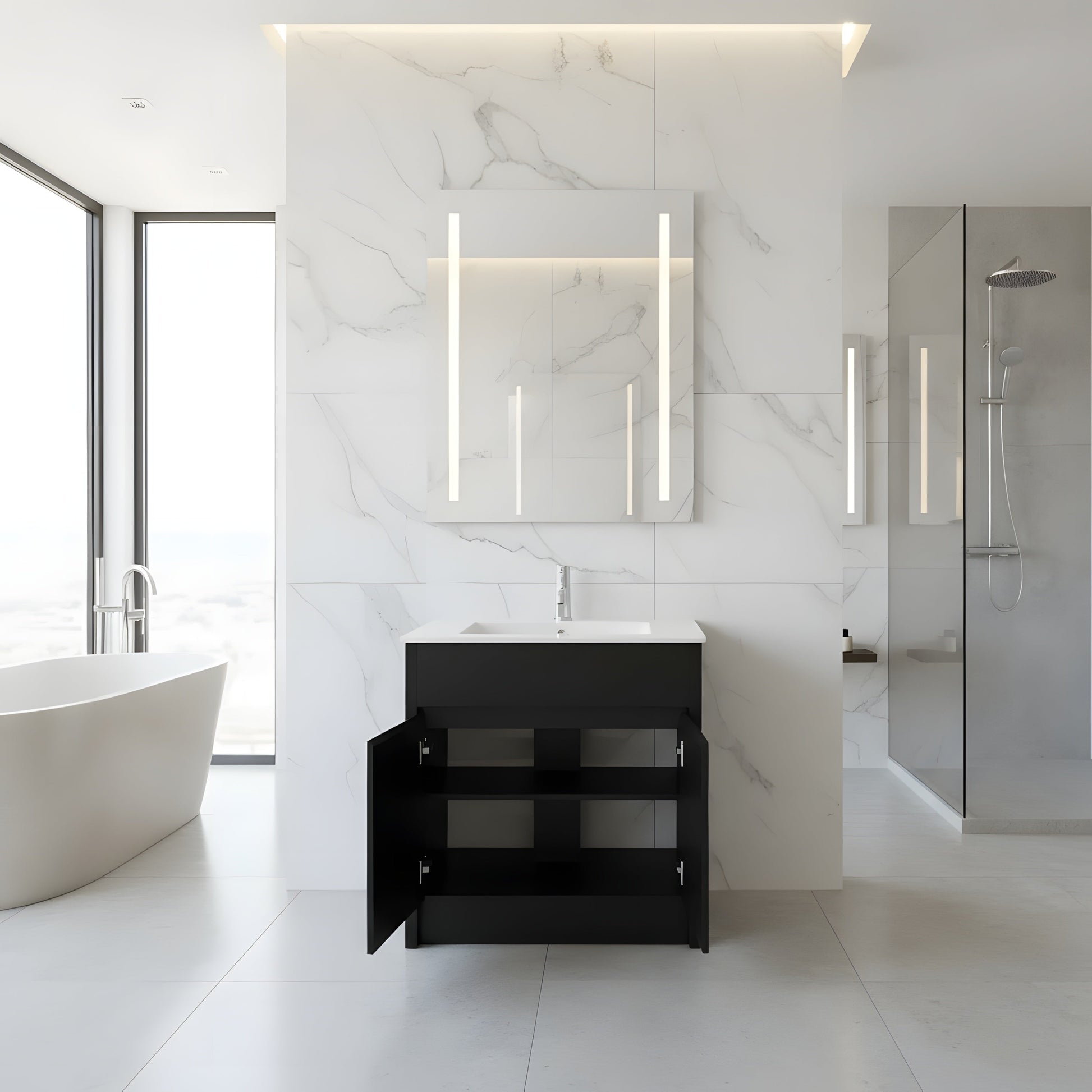 30" Dark Brown Oak Freestanding Bathroom Vanity with White Ceramic Countertop-Migration_Bathroom Vanities-DECOROLALA