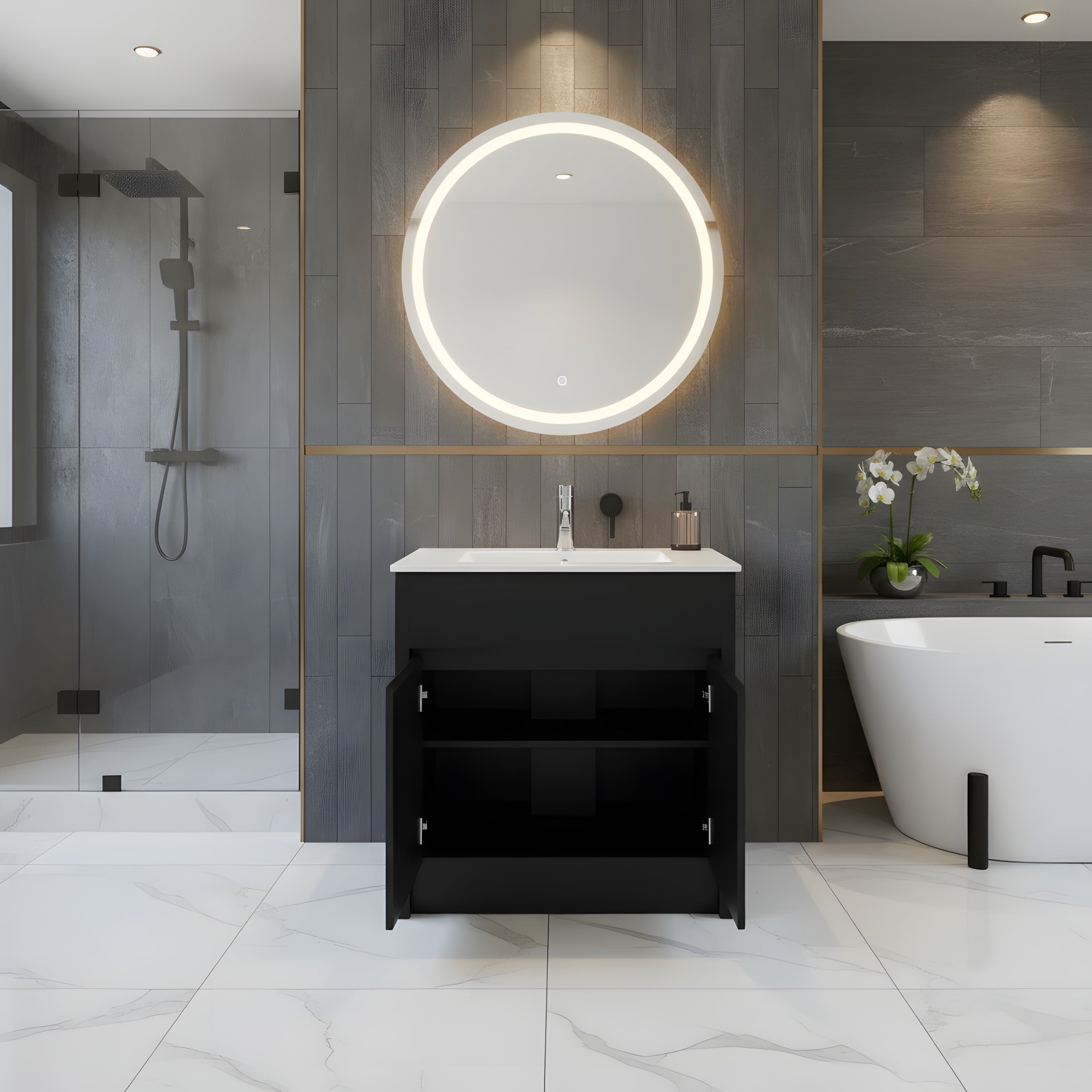 30" Dark Brown Oak Freestanding Bathroom Vanity with White Ceramic Countertop-Migration_Bathroom Vanities-DECOROLALA