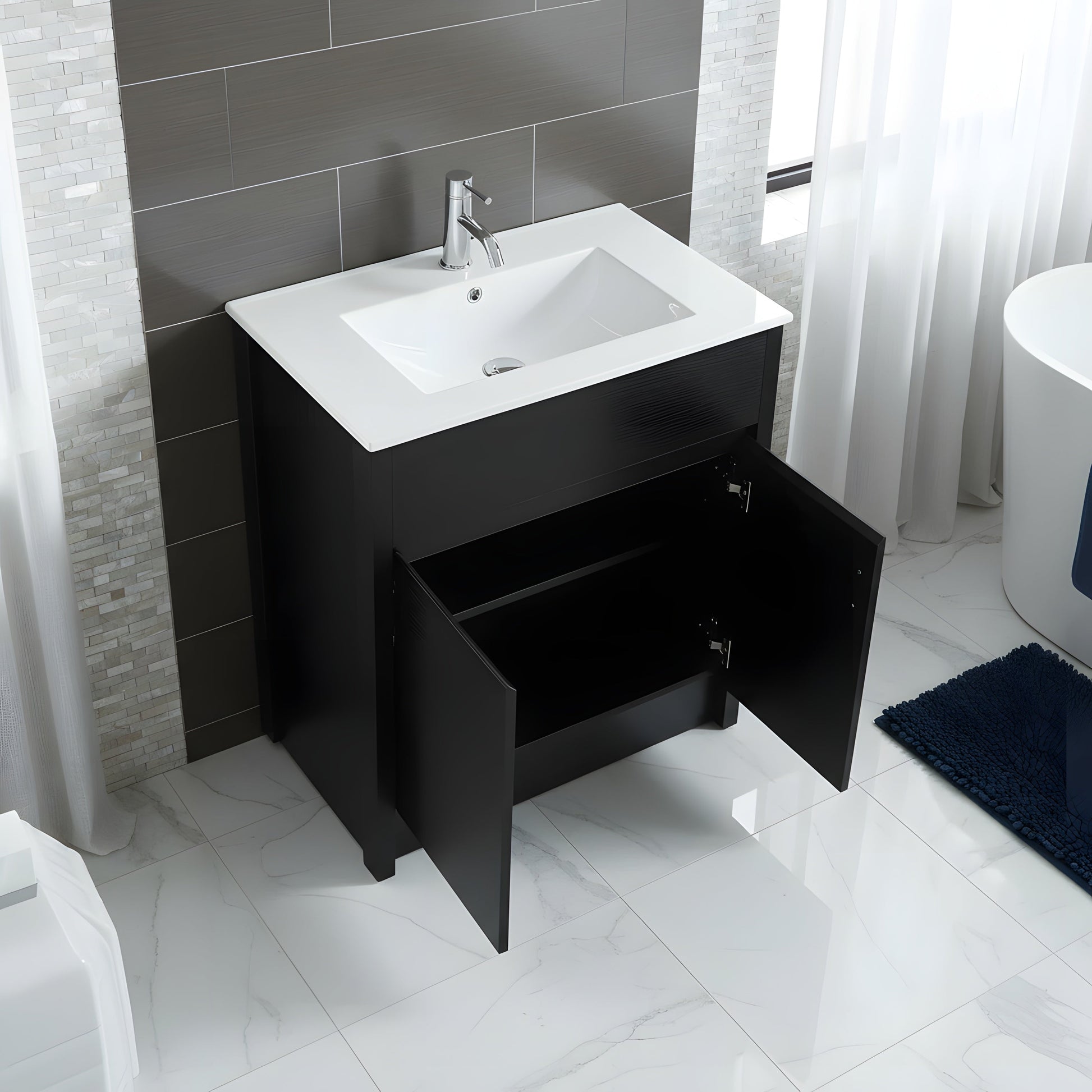 30" Dark Brown Oak Freestanding Bathroom Vanity with White Ceramic Countertop-Migration_Bathroom Vanities-DECOROLALA