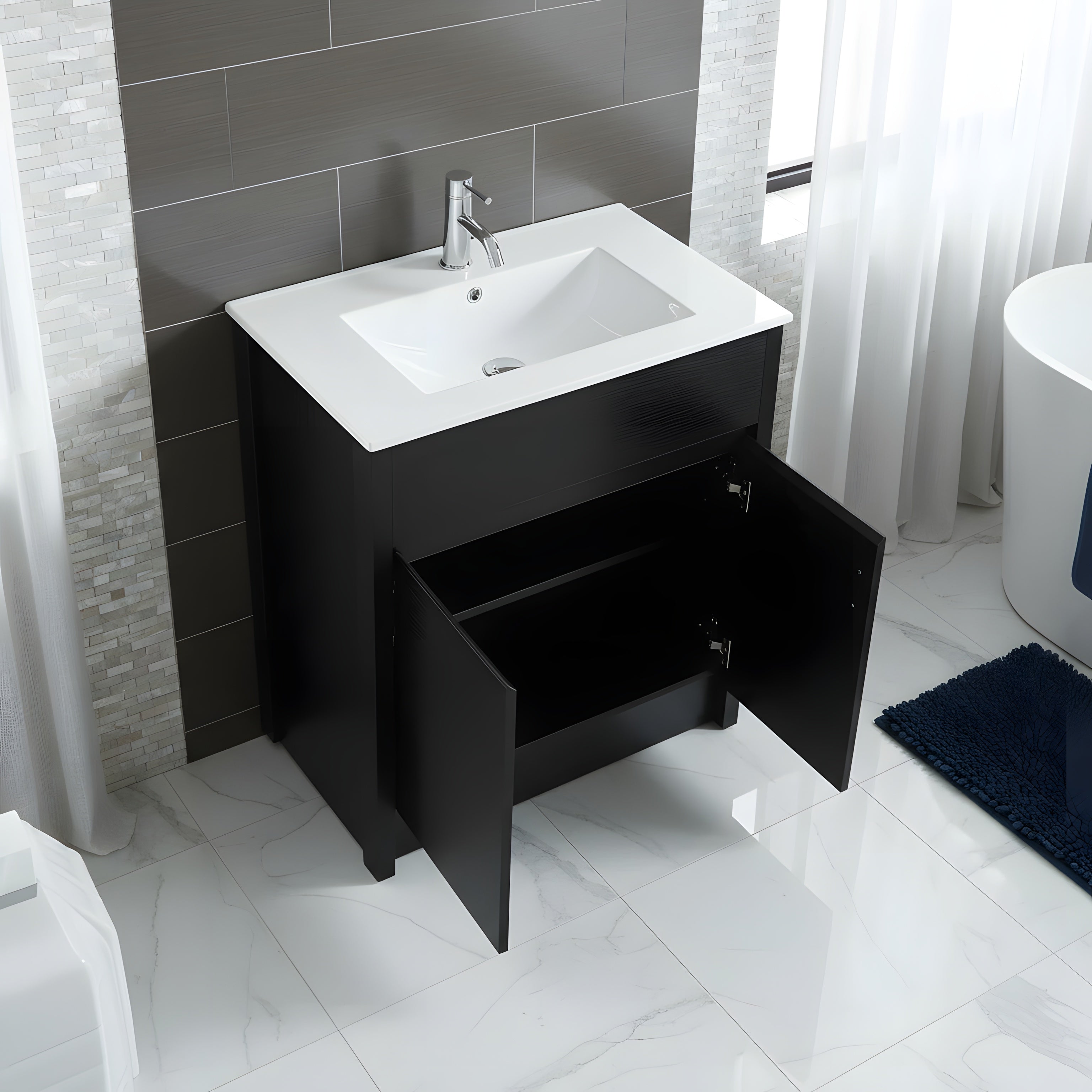 30" Dark Brown Oak Freestanding Bathroom Vanity with White Ceramic Countertop-Migration_Bathroom Vanities-DECOROLALA