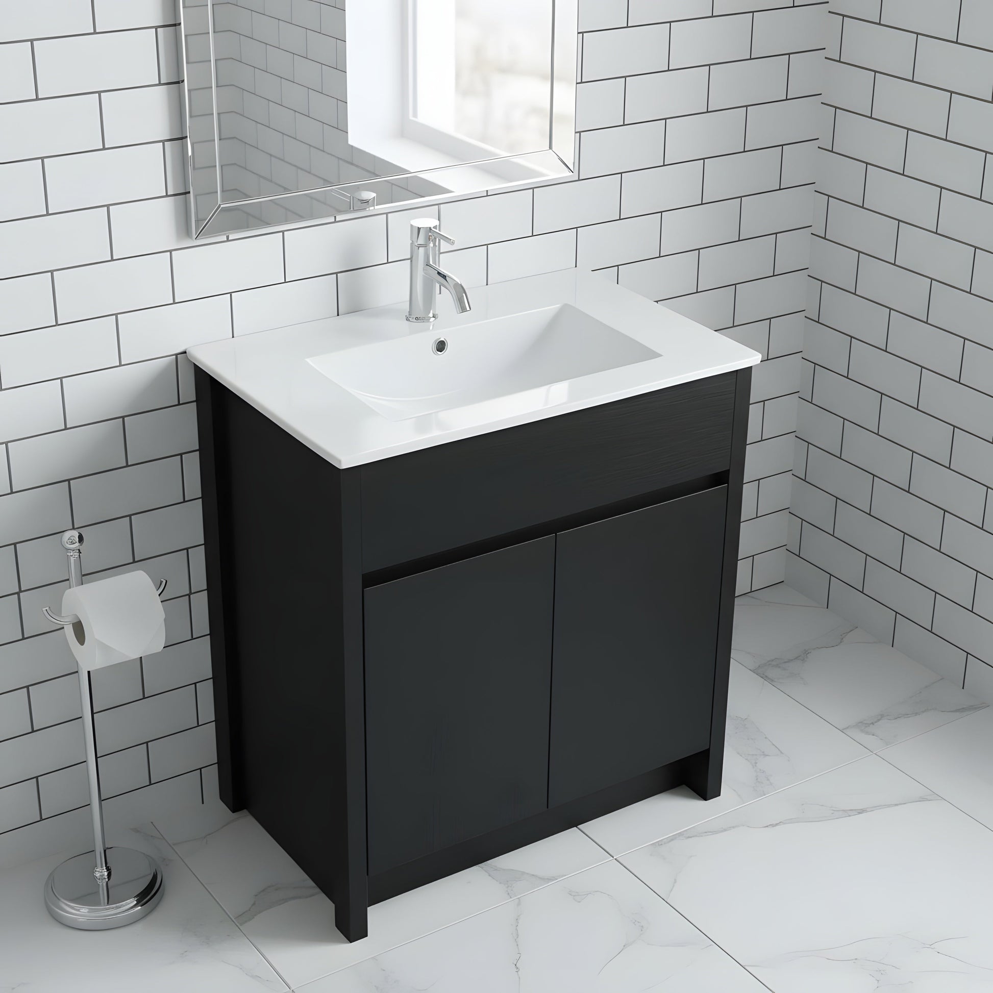 30" Dark Brown Oak Freestanding Bathroom Vanity with White Ceramic Countertop-Migration_Bathroom Vanities-DECOROLALA