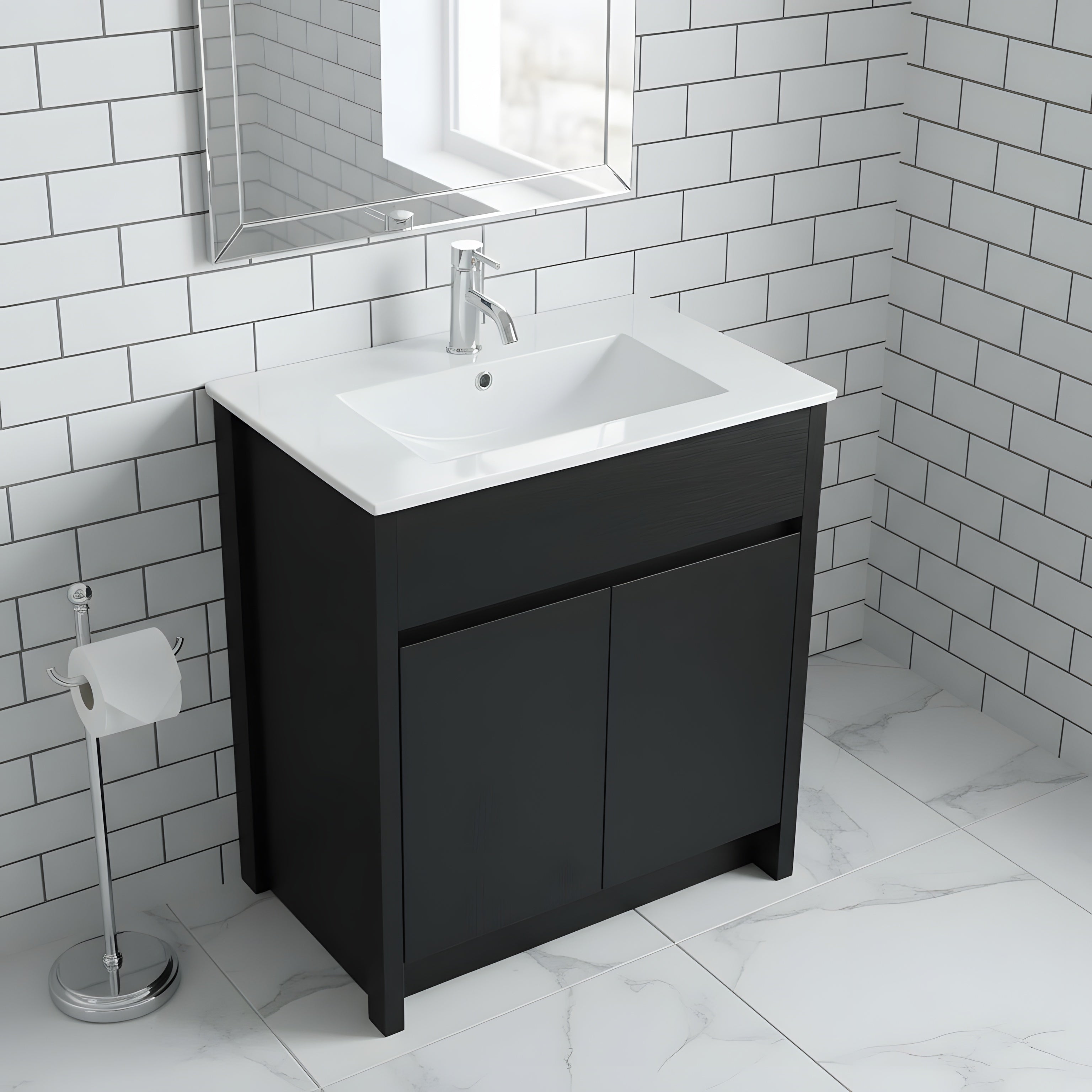 30" Dark Brown Oak Freestanding Bathroom Vanity with White Ceramic Countertop-Migration_Bathroom Vanities-DECOROLALA